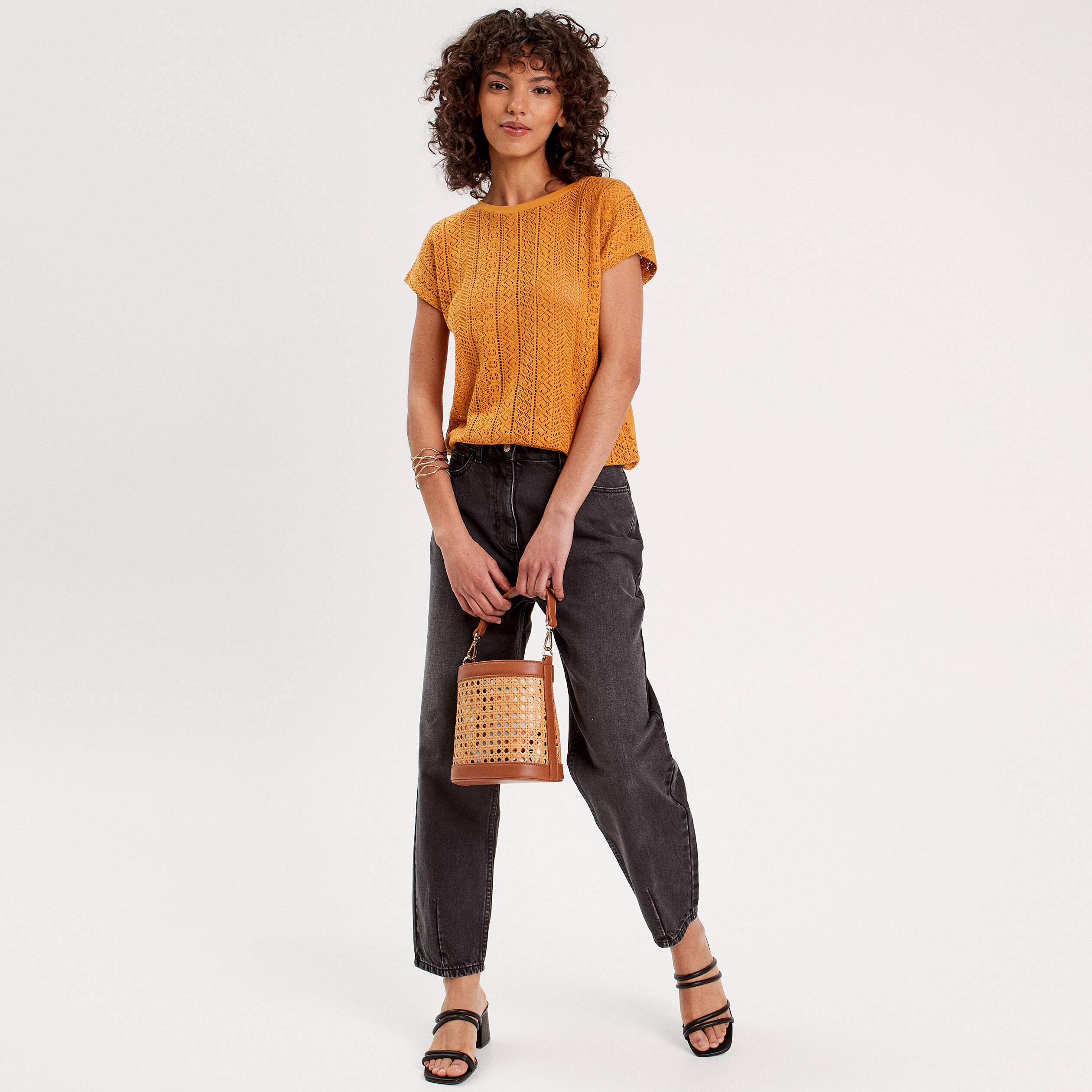 T shirt manches courtes ajoure jaune moutarde femme Vibs