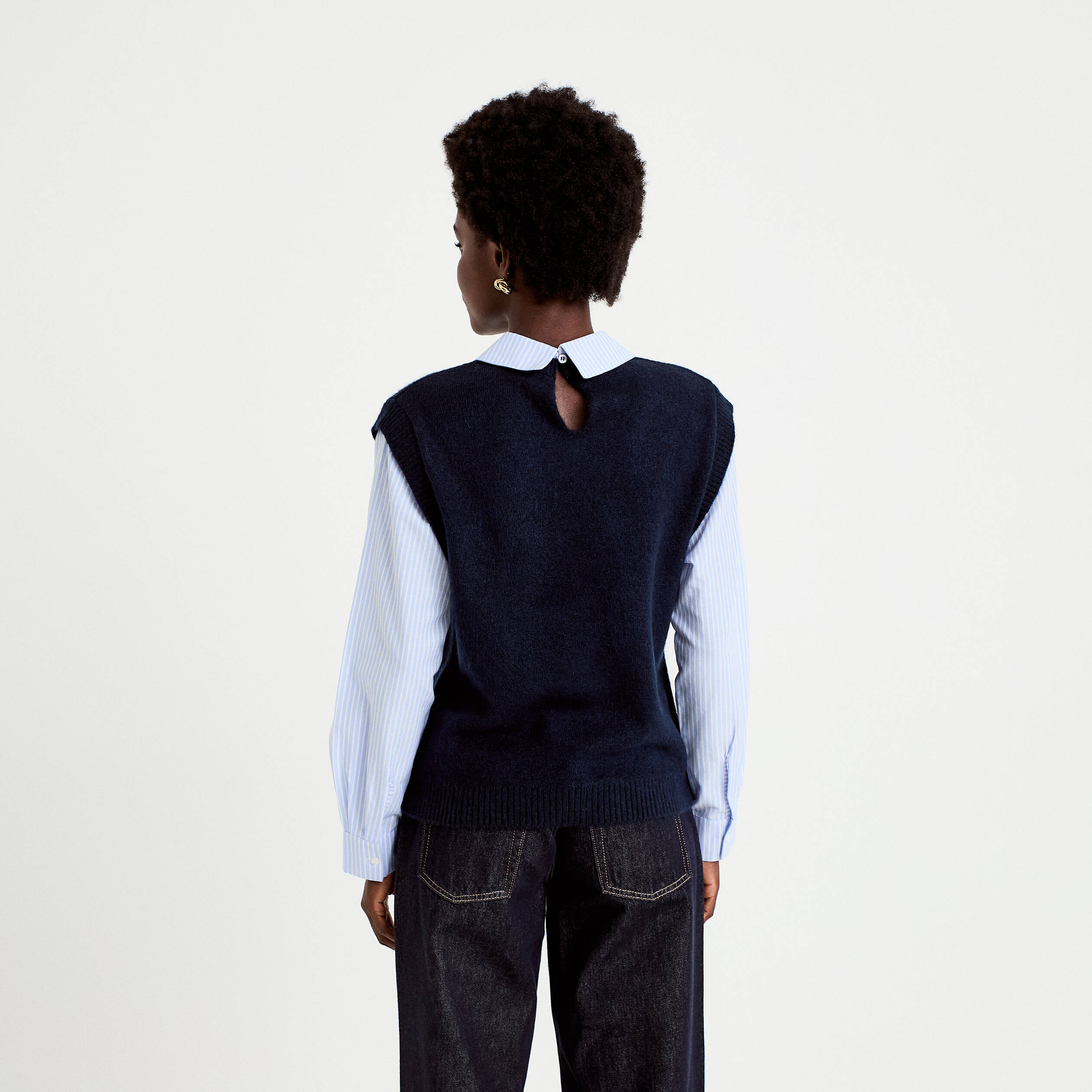 Pull fin 2-en-1 manches longues bleu marine femme
