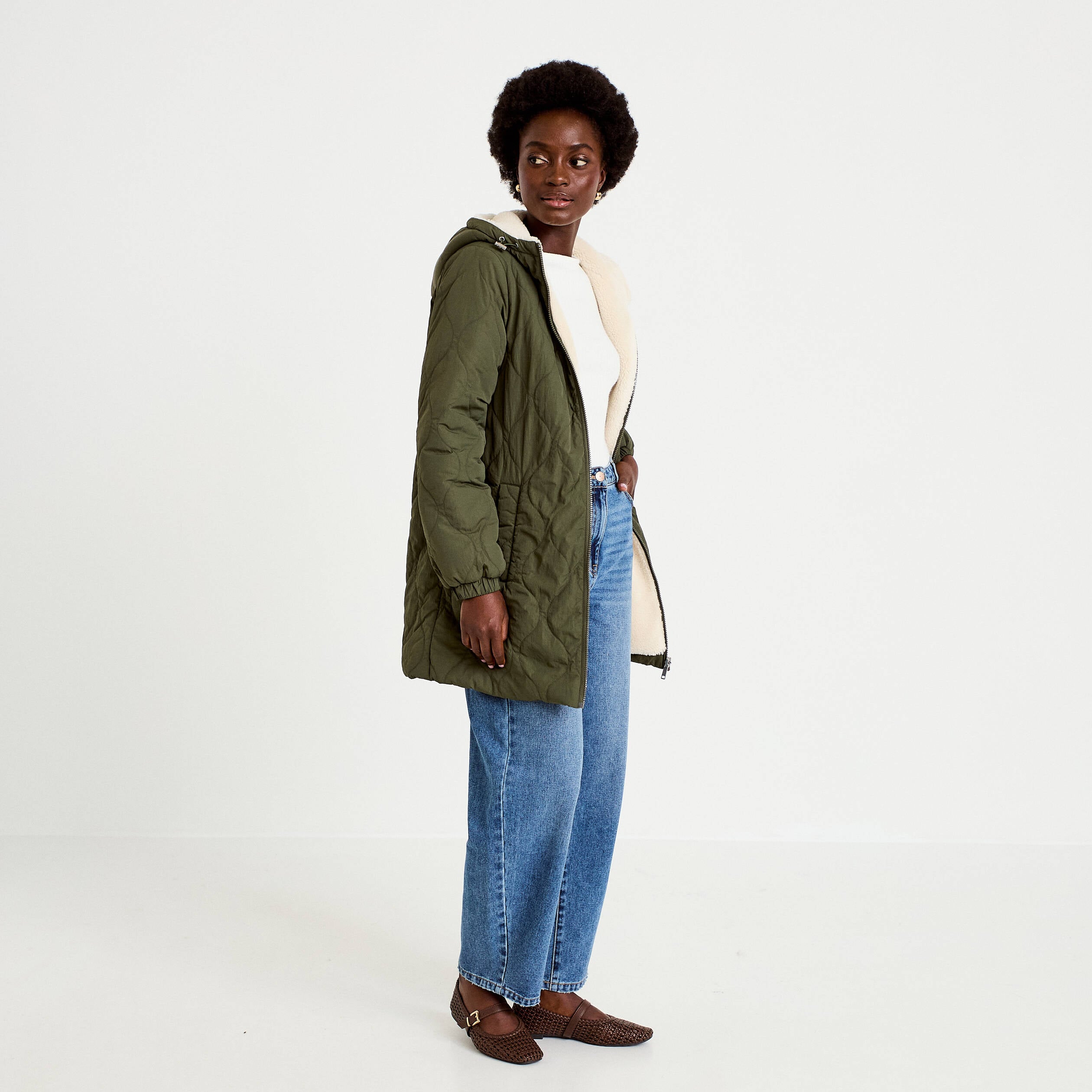 Parka r&eacute;versible effet polaire vert kaki femme