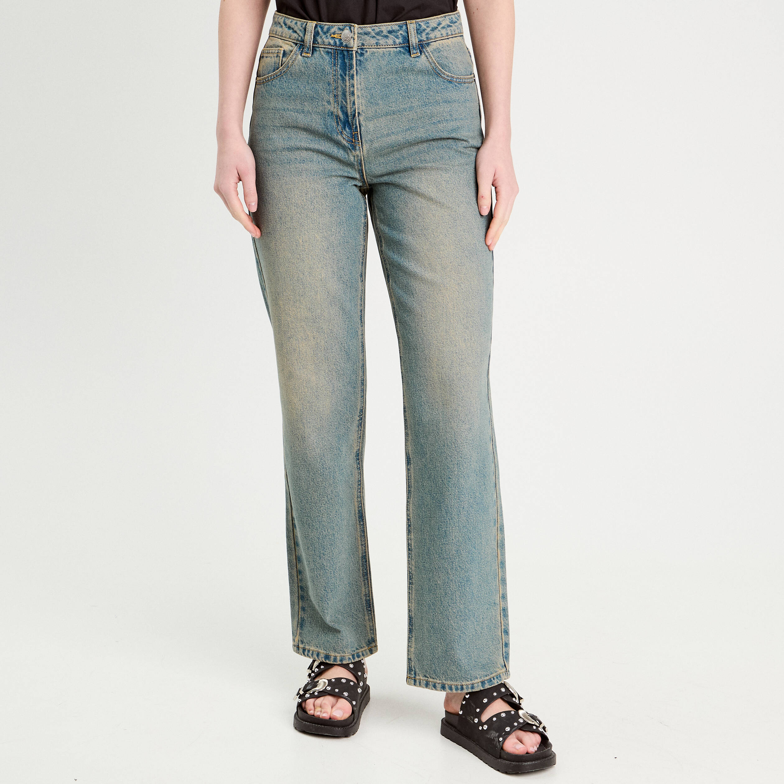 Jeans droit sangle arri&egrave;re denim bleach femme