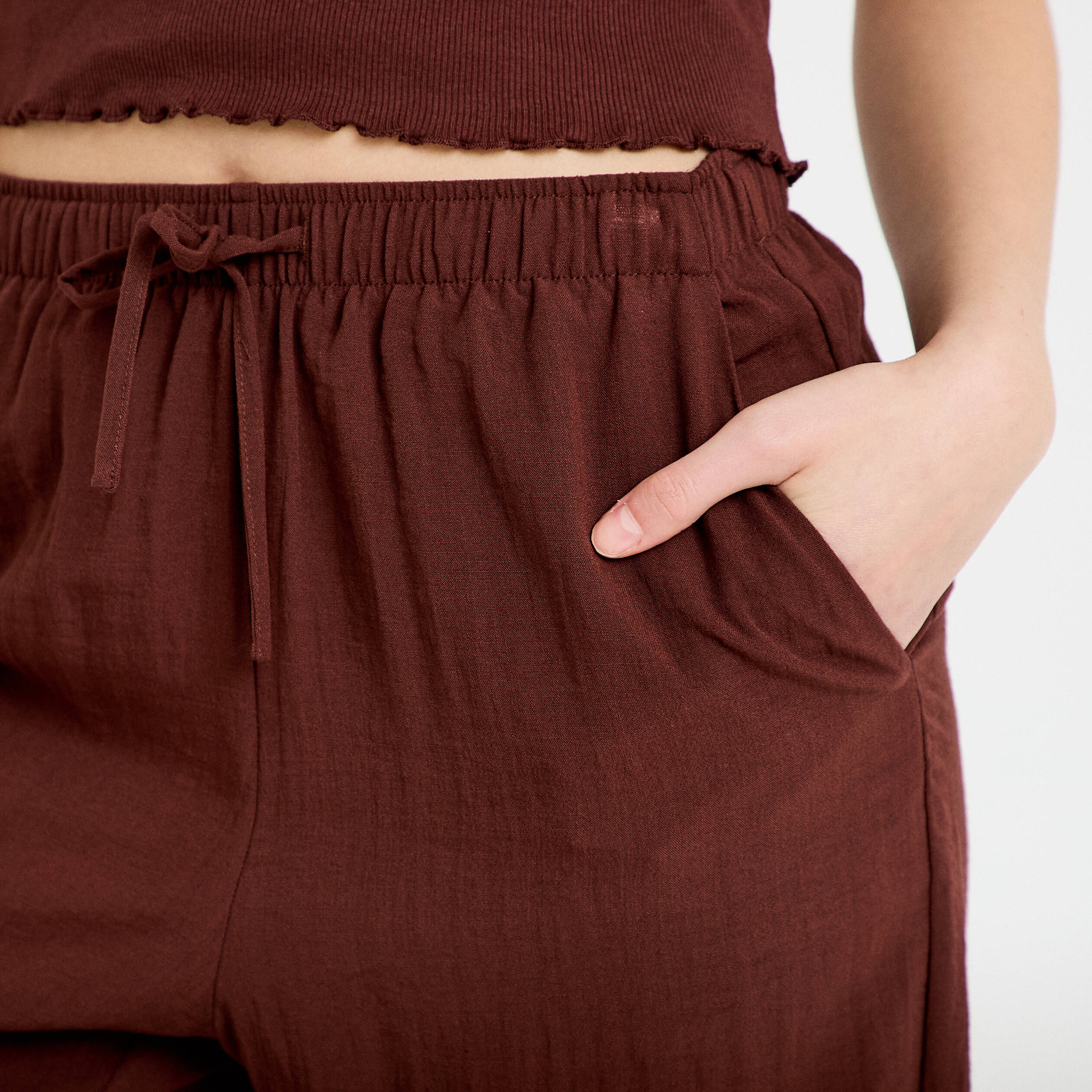 Pantalon large taille haute en cr&ecirc;pe marron femme