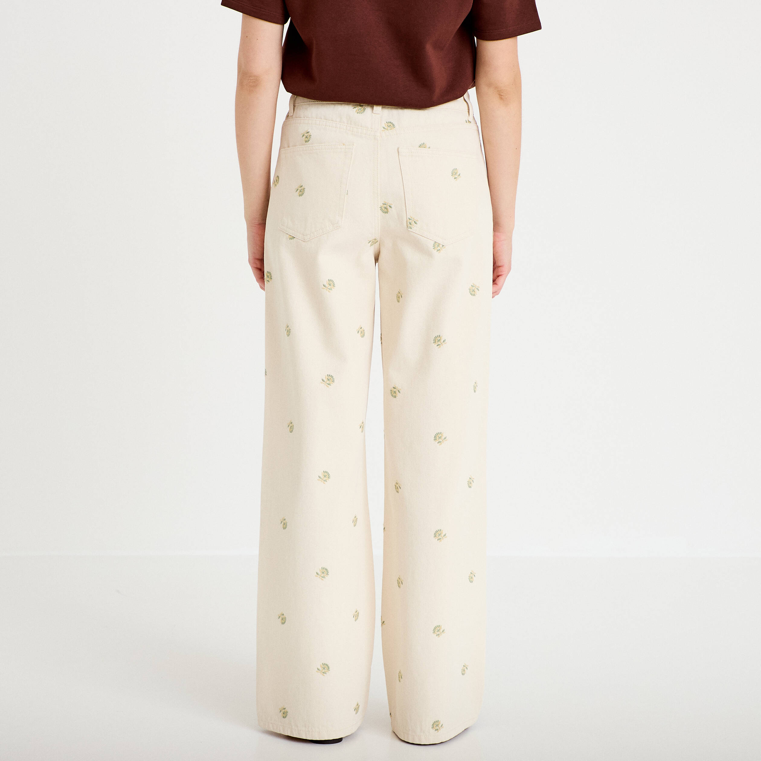 Jean wide leg taille haute brod&eacute; denim blanc femme