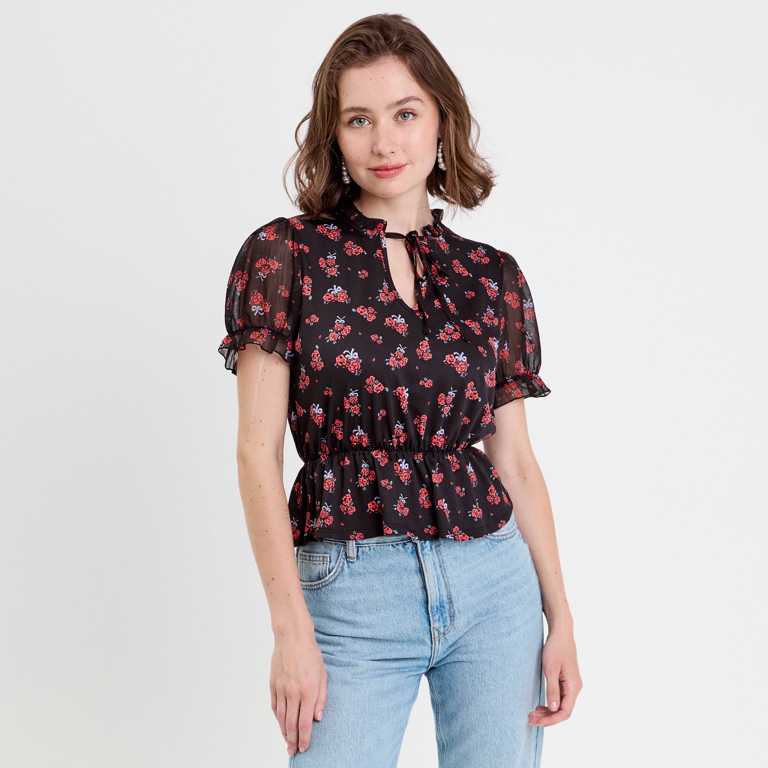 Blouse col V manches courtes noir femme