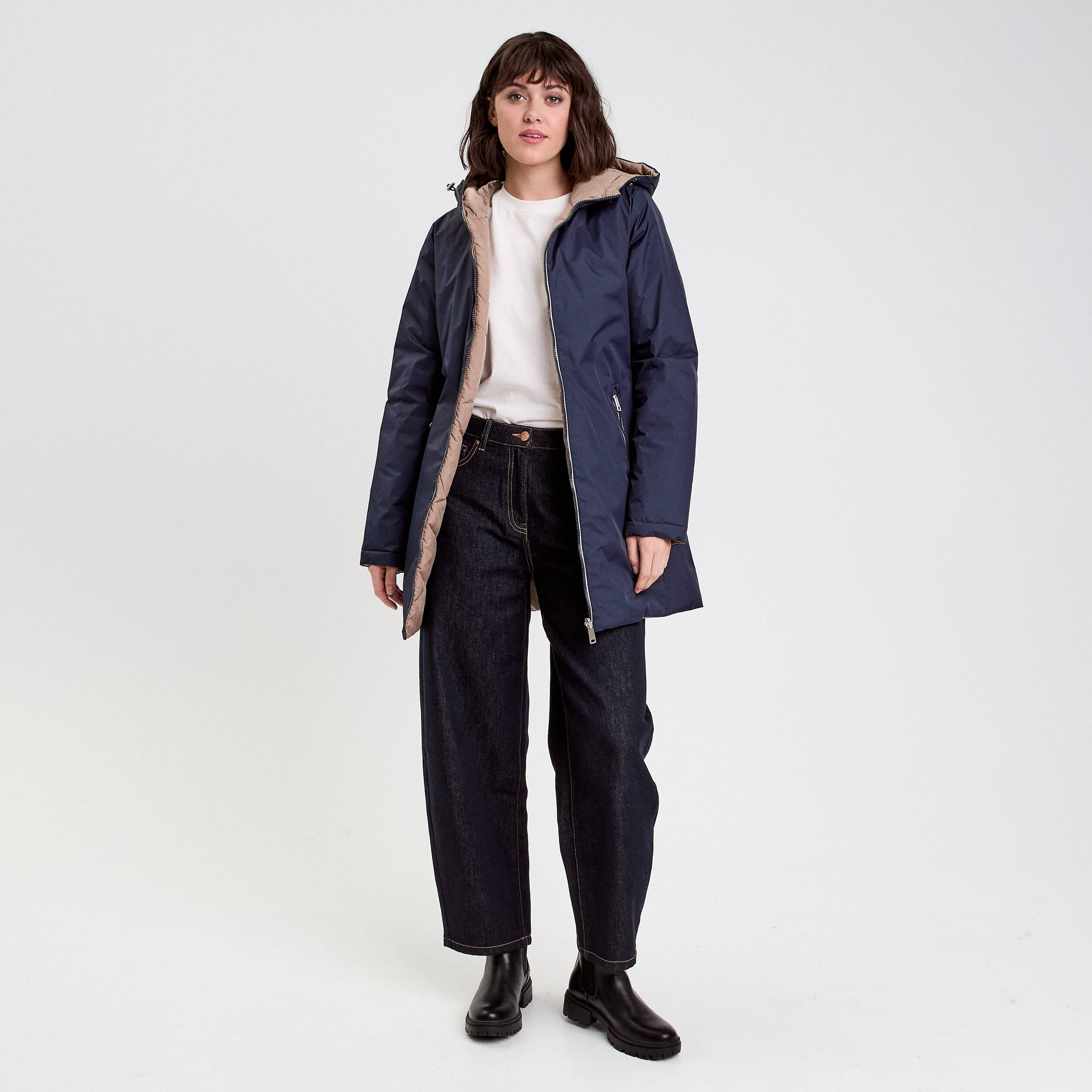 Parka &agrave; capuche r&eacute;versible bleu marine femme