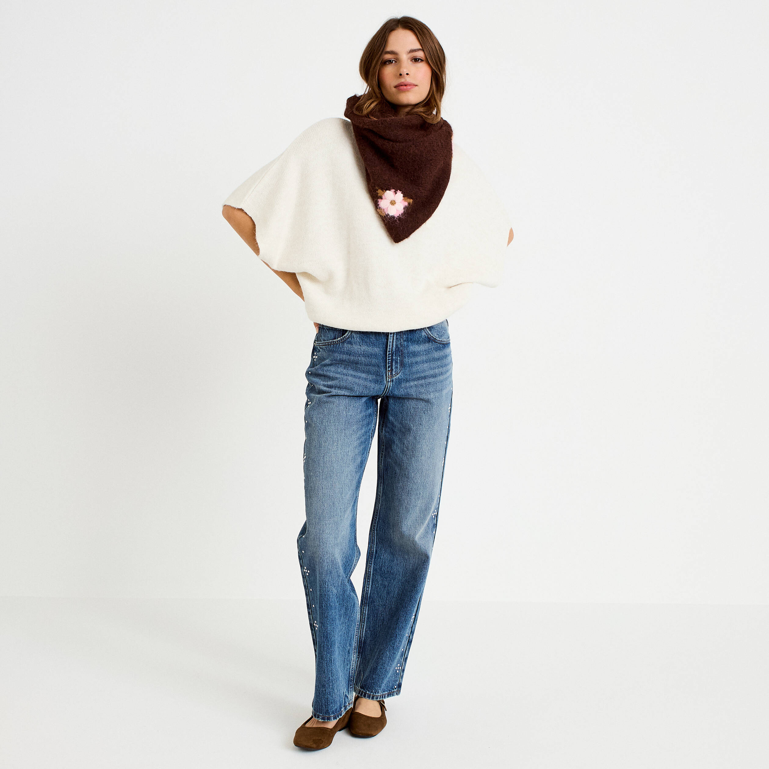 Pull oversize col rond manches courtes ecru femme