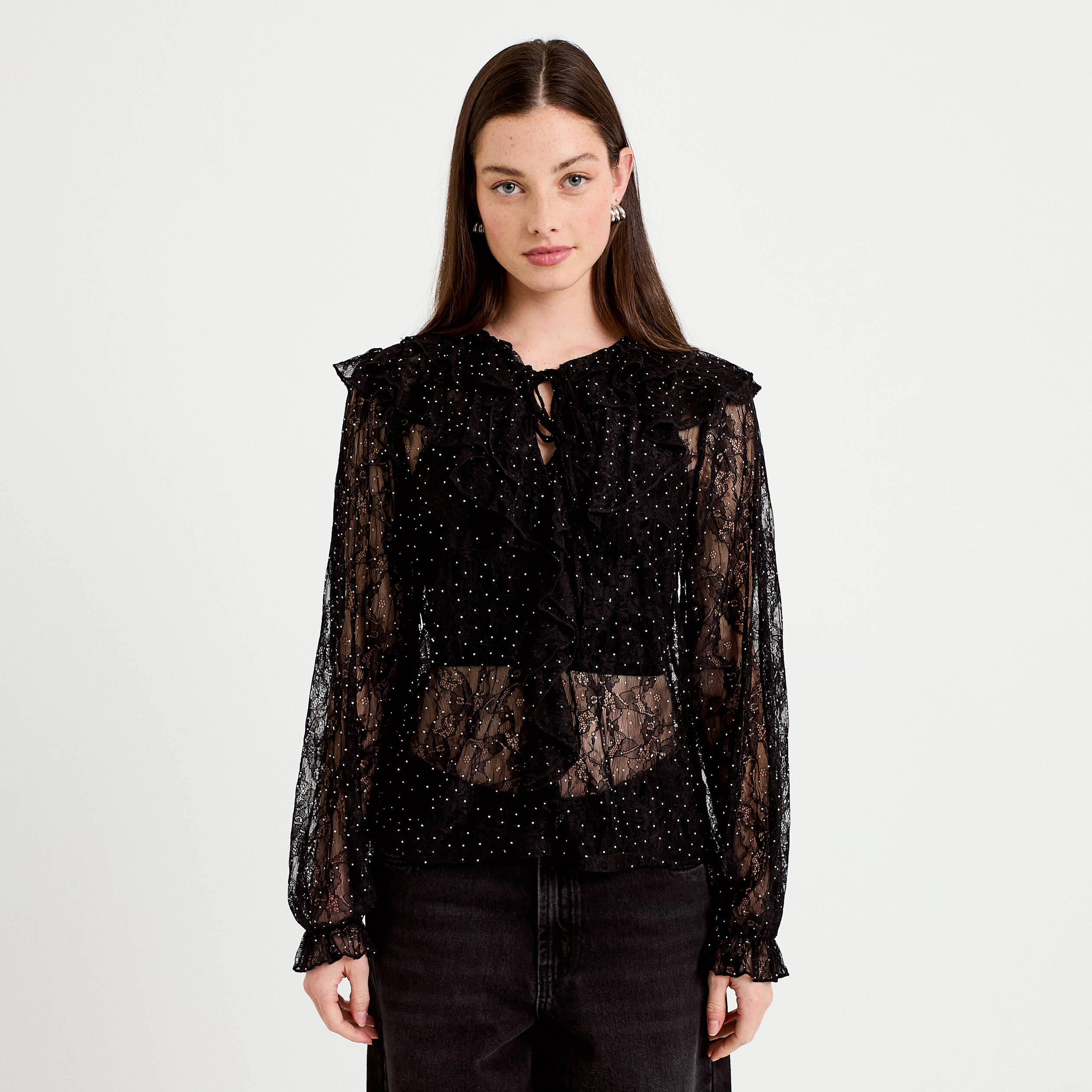 Blouse dentelle manches longues noir femme