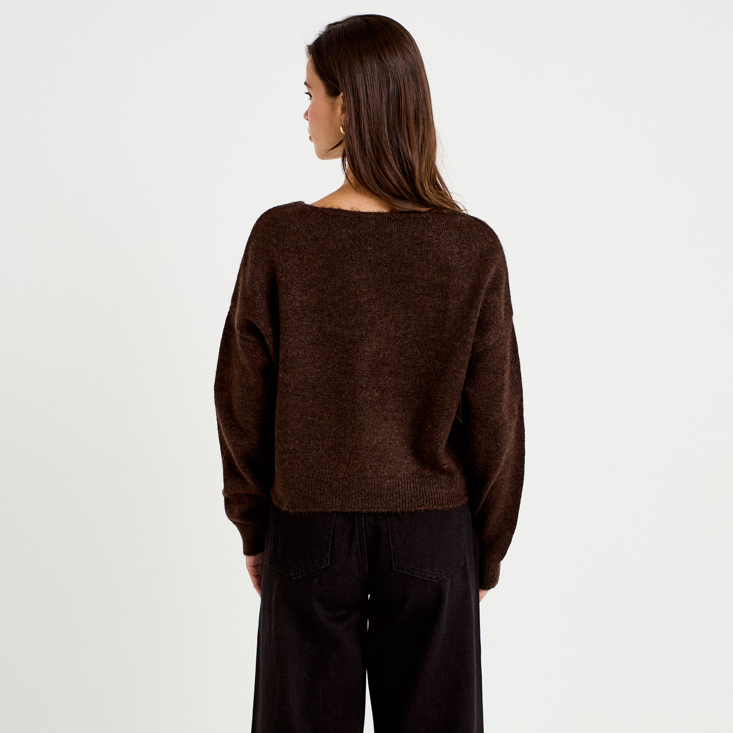 Gilet col v manches longues marron fonc&eacute; femme