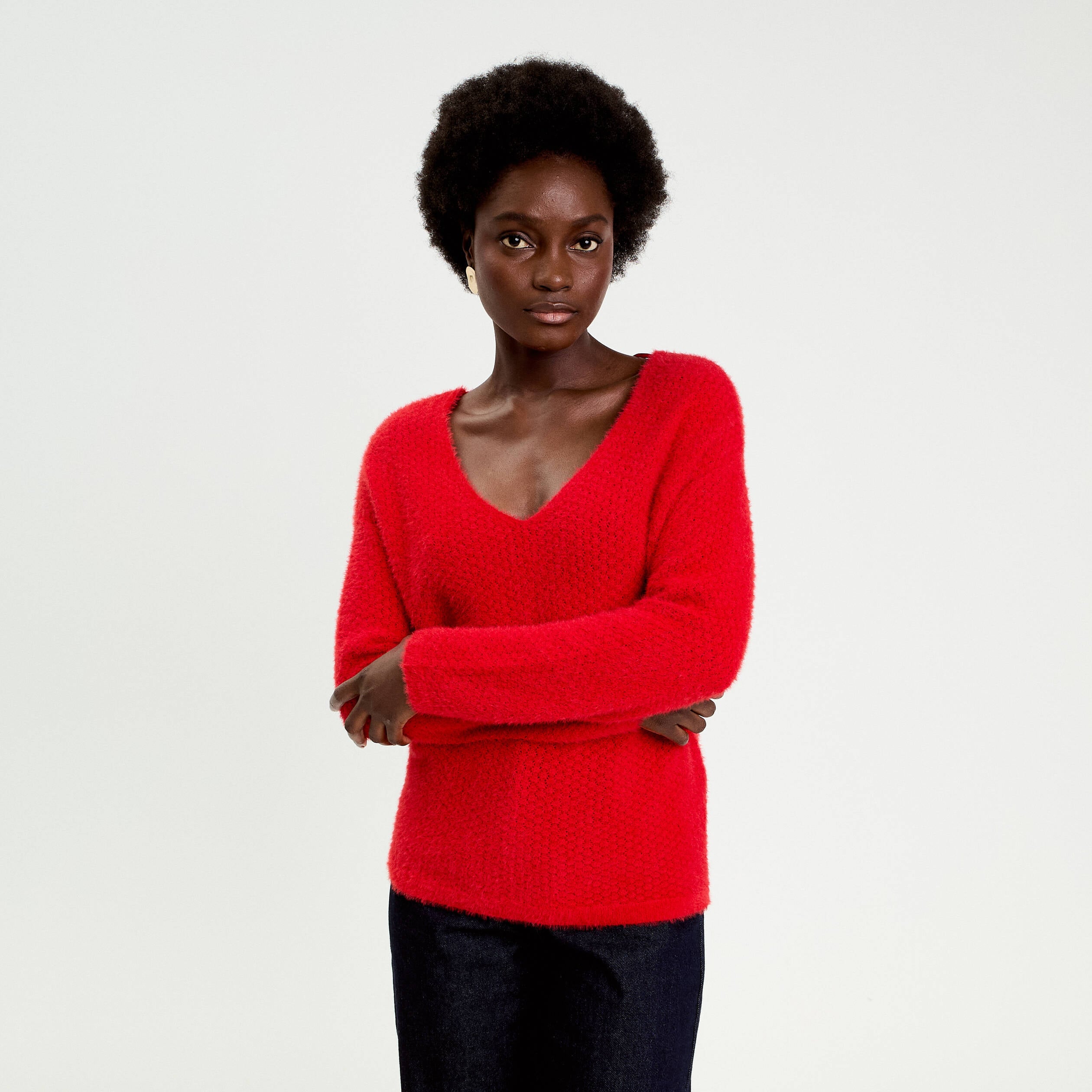 Pull col v manches longues rouge femme