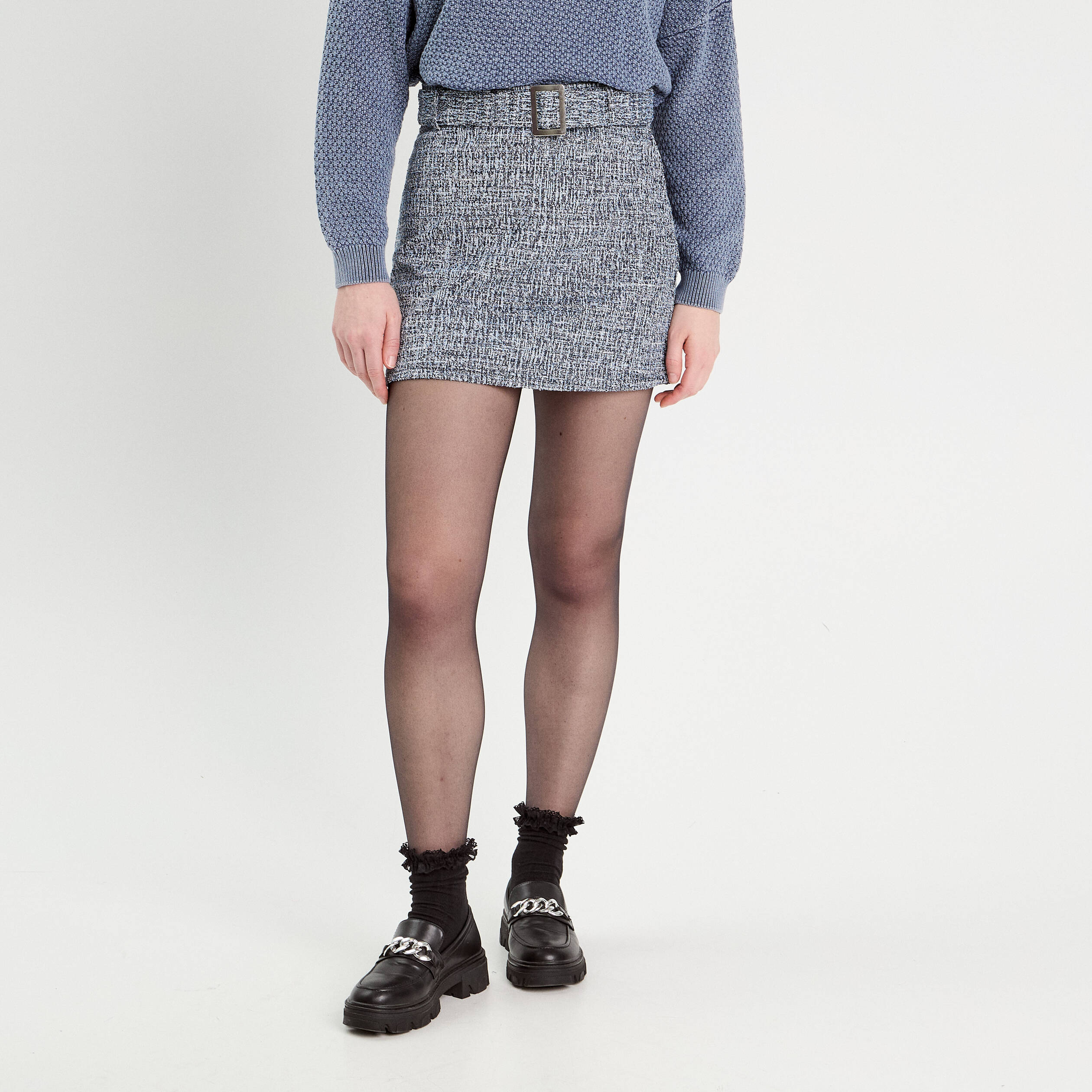 Jupe &eacute;vas&eacute;e tweed bleu femme