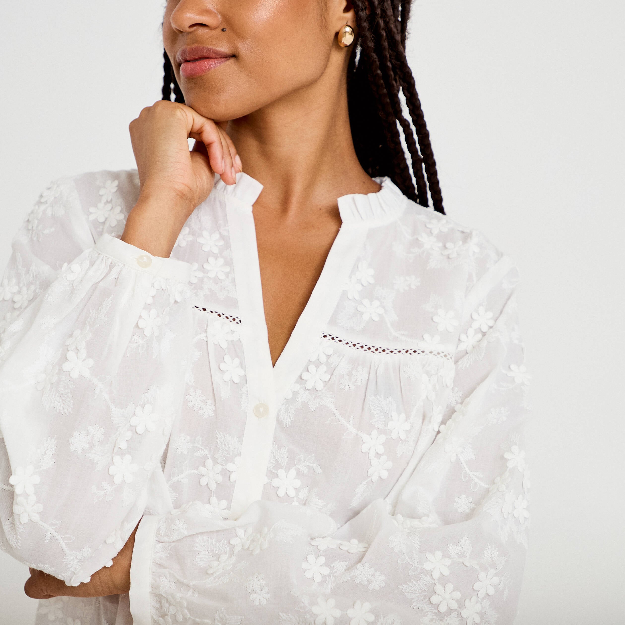 Blouse droite col rond manches longues ecru femme
