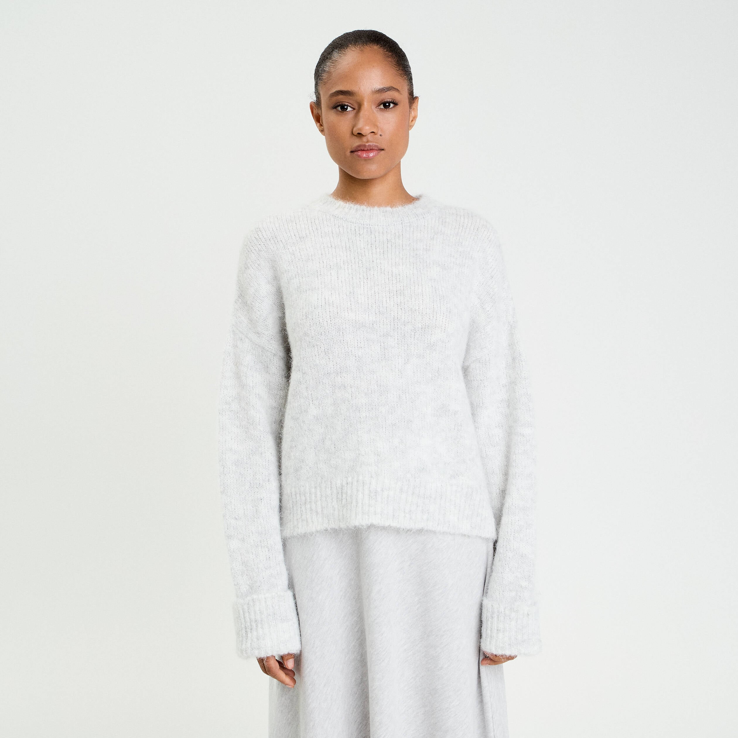 Pull col rond gris clair femme
