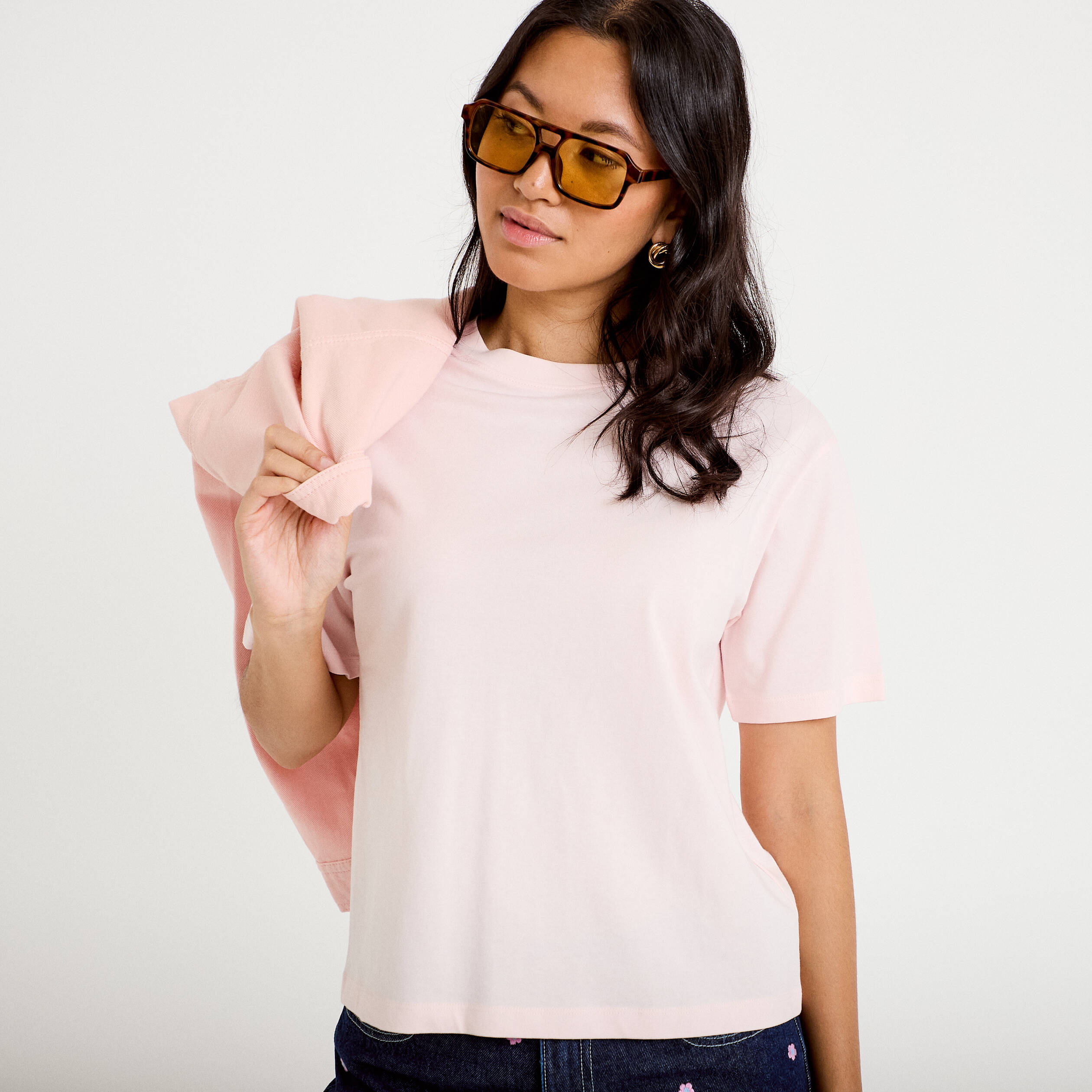 T-shirt col rond manches courtes rose clair femme