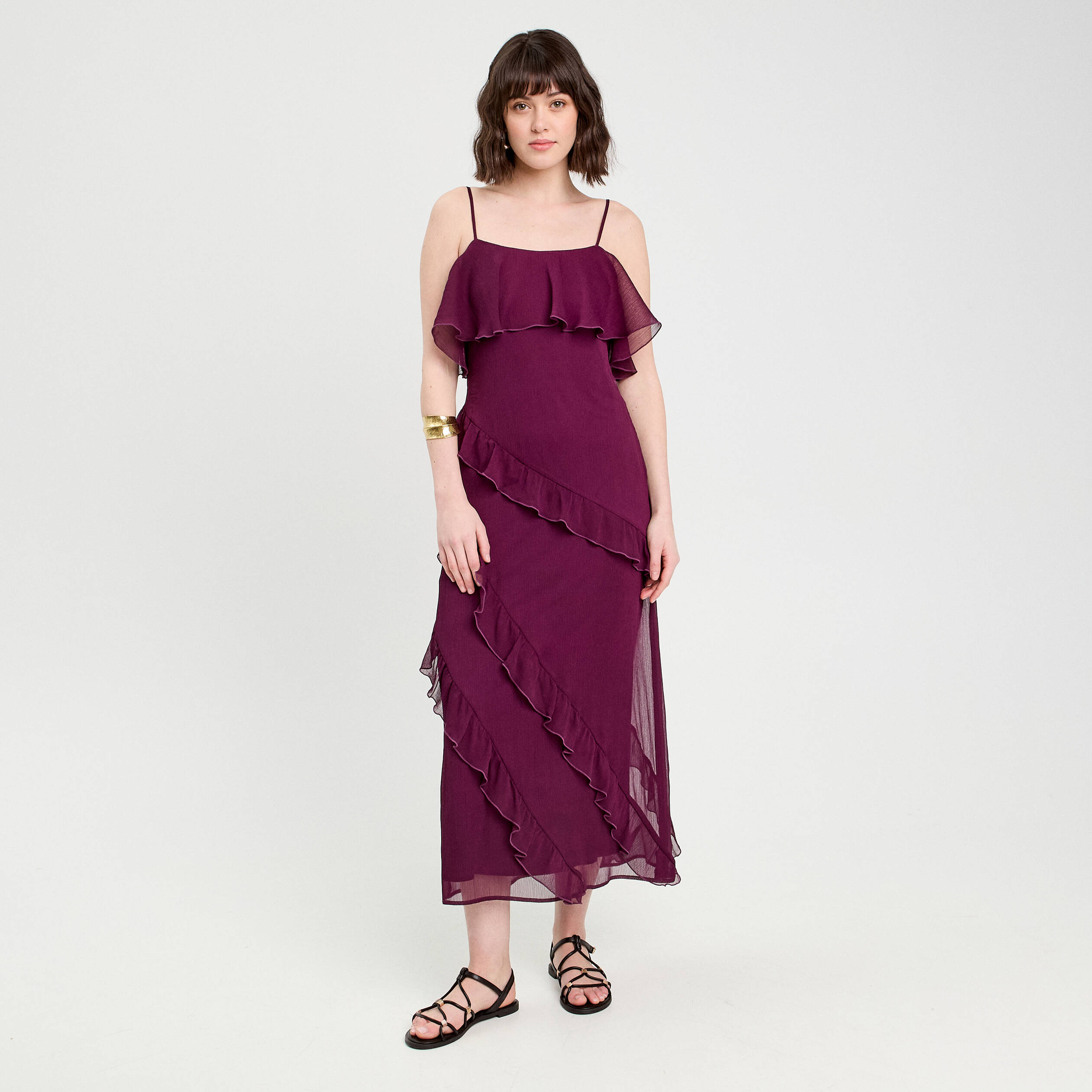 robe longue droite volants prune femme Robe longue droite volants prune femme