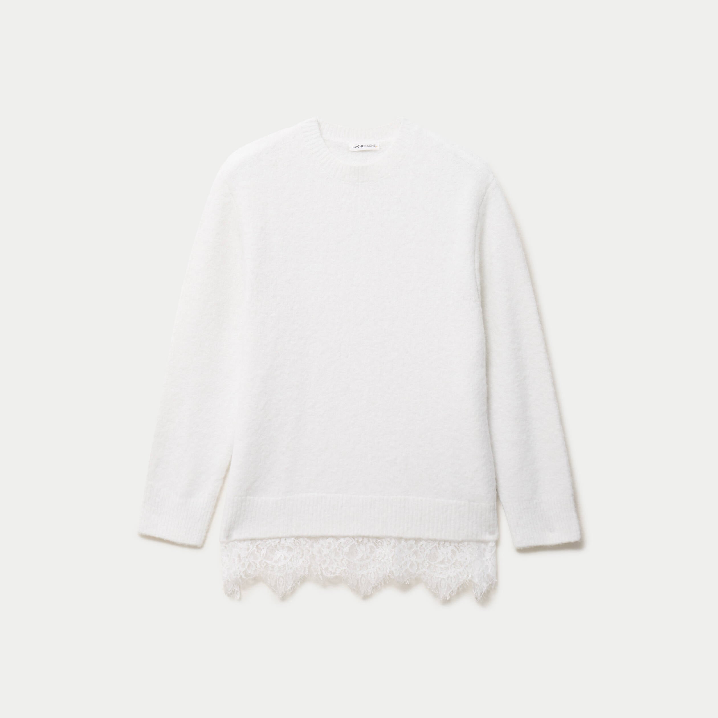 Pull manches longues avec dentelle ecru femme