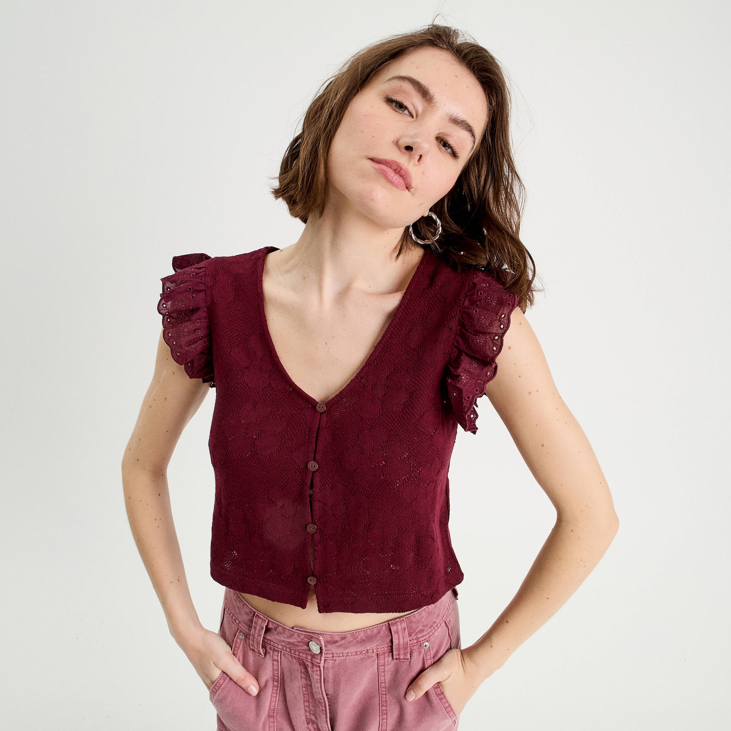 T-shirt manches volants prune femme