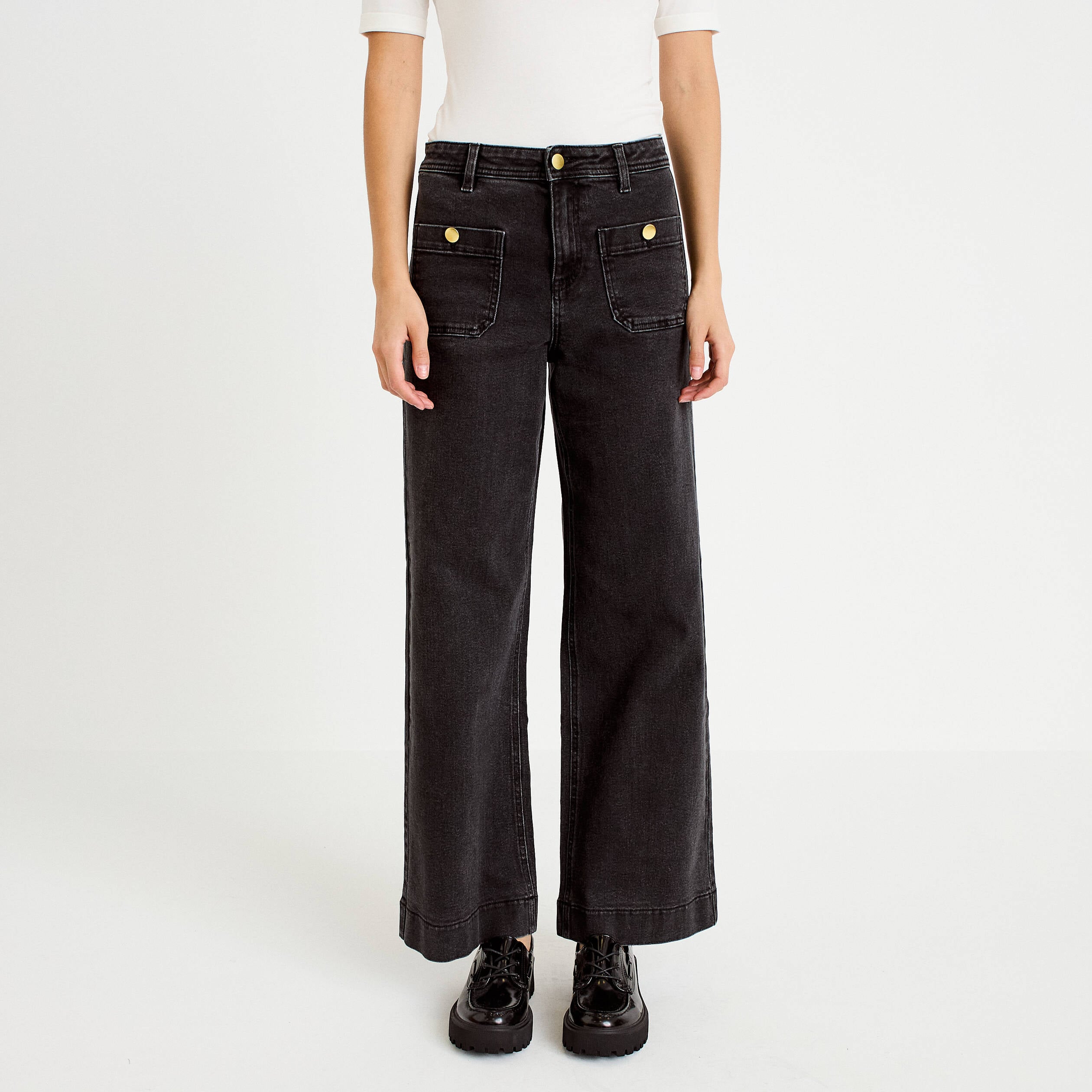 Jean wide leg cropped taille haute denim noir femme