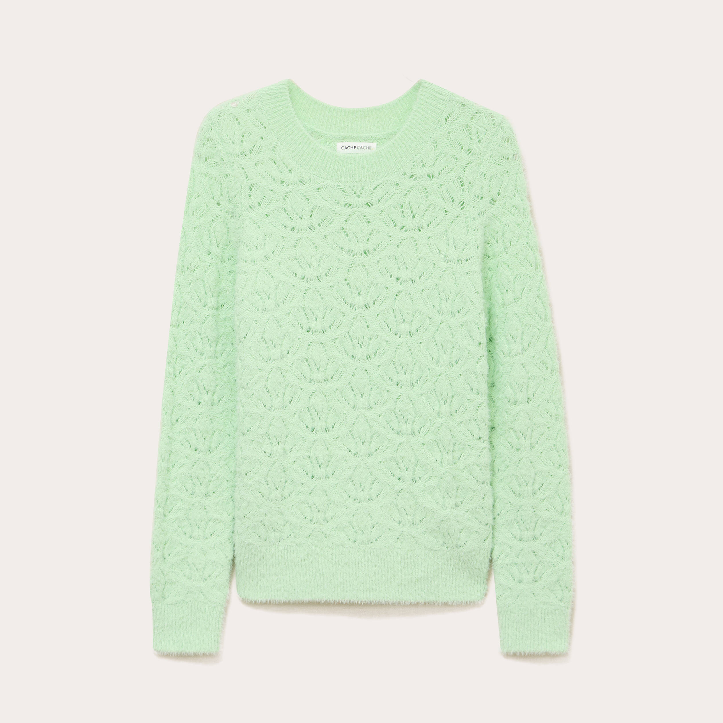 Pull ajour&eacute; col rond manches longues vert pastel femme
