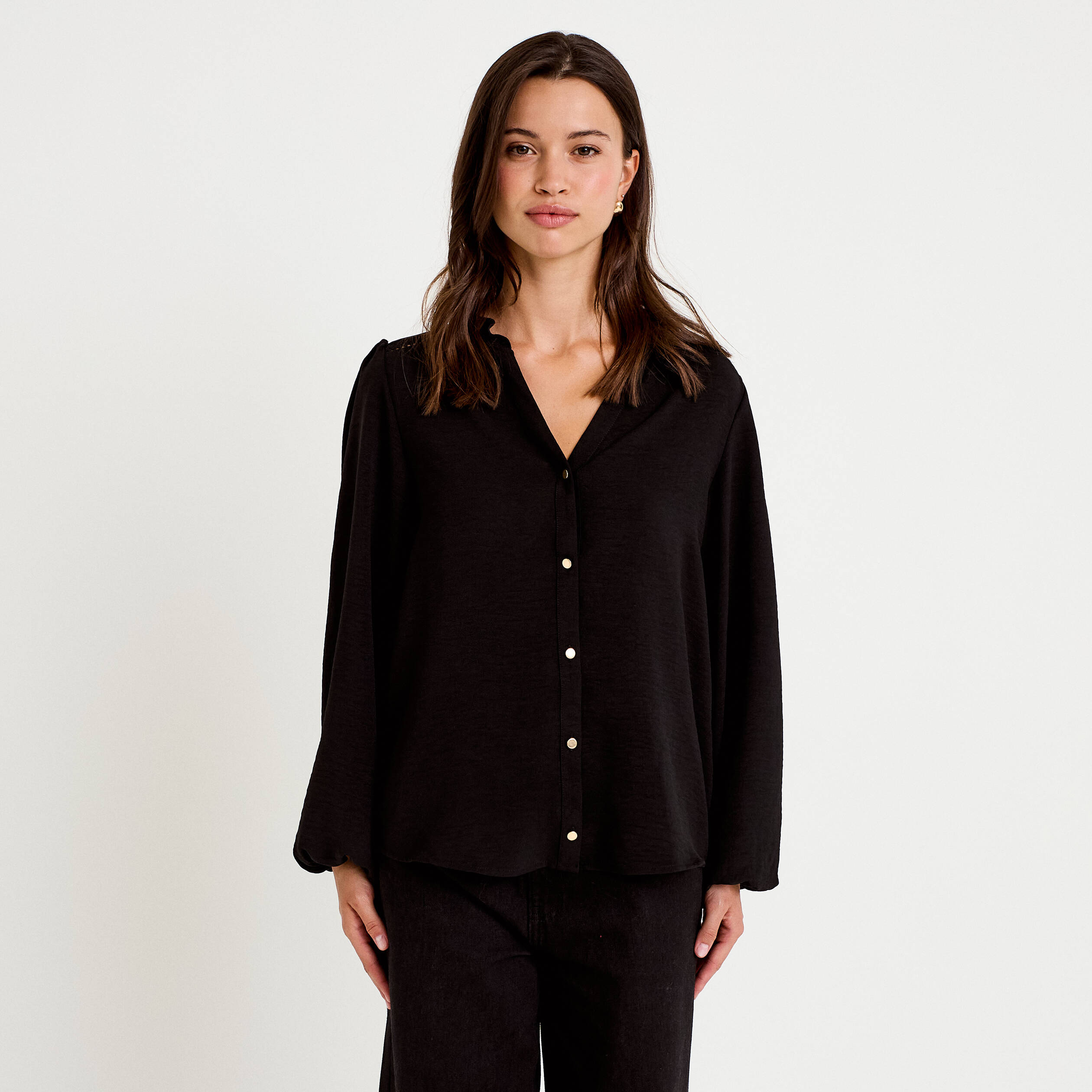 Blouse droite col v manches longues noir femme
