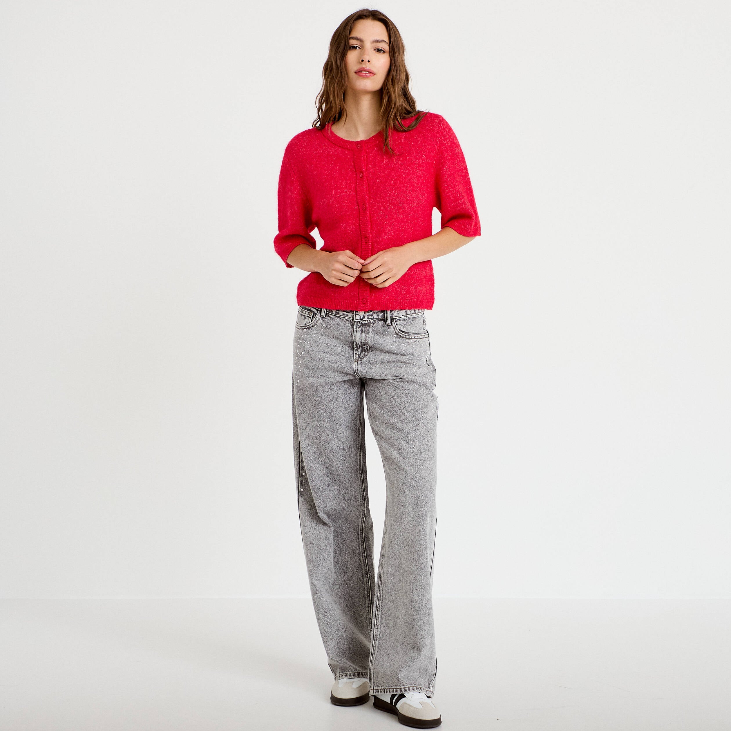 Gilet duveteux manches 3/4 rouge femme