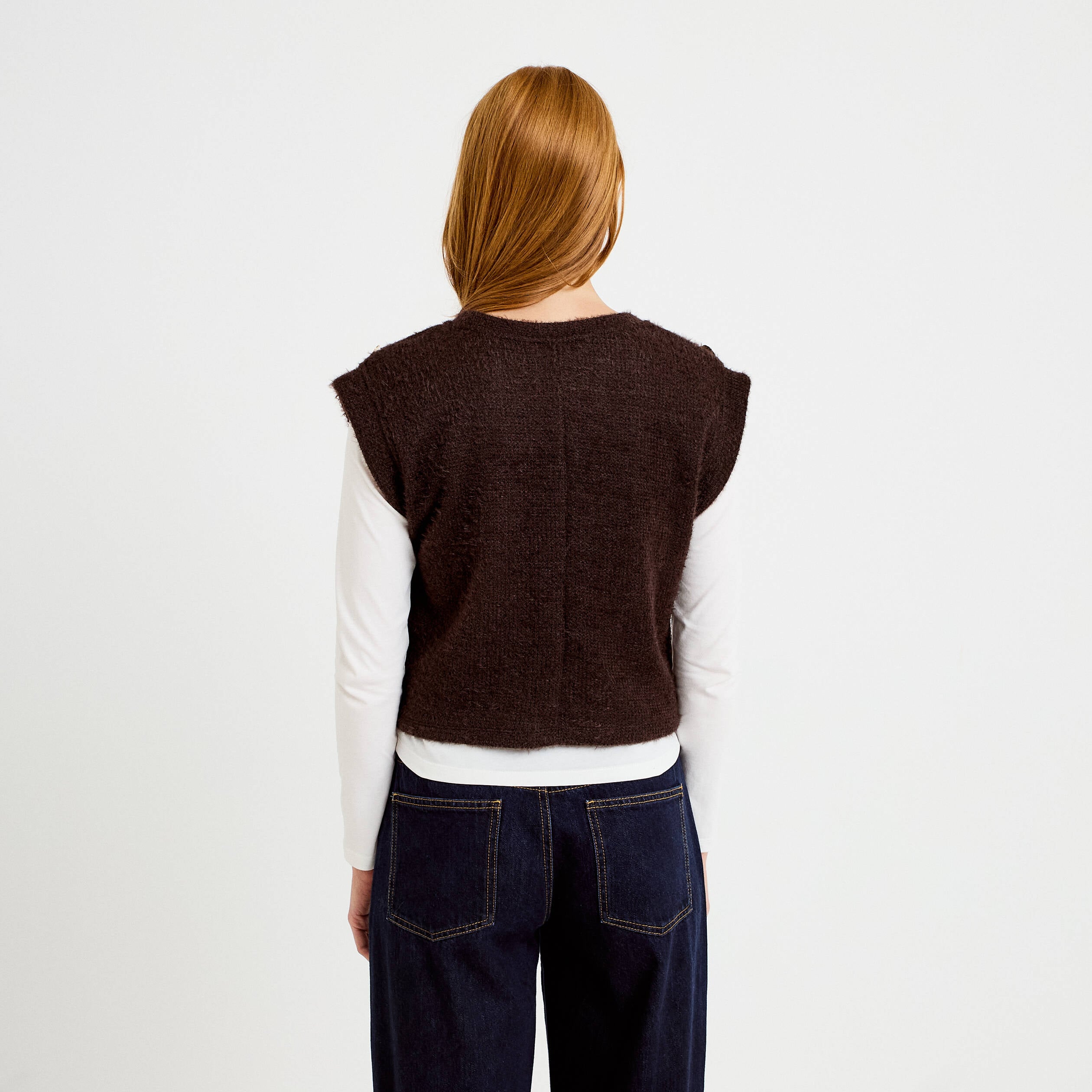 Pull 2-en-1 manches longues col rond marron fonc&eacute; femme
