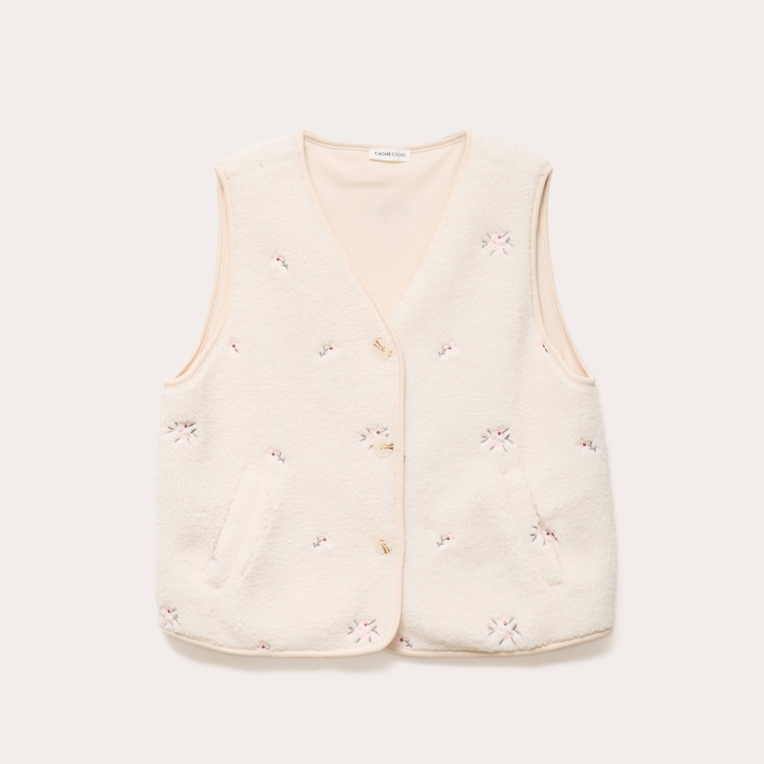 Gilet sans manches brod&eacute; effet polaire blanc femme