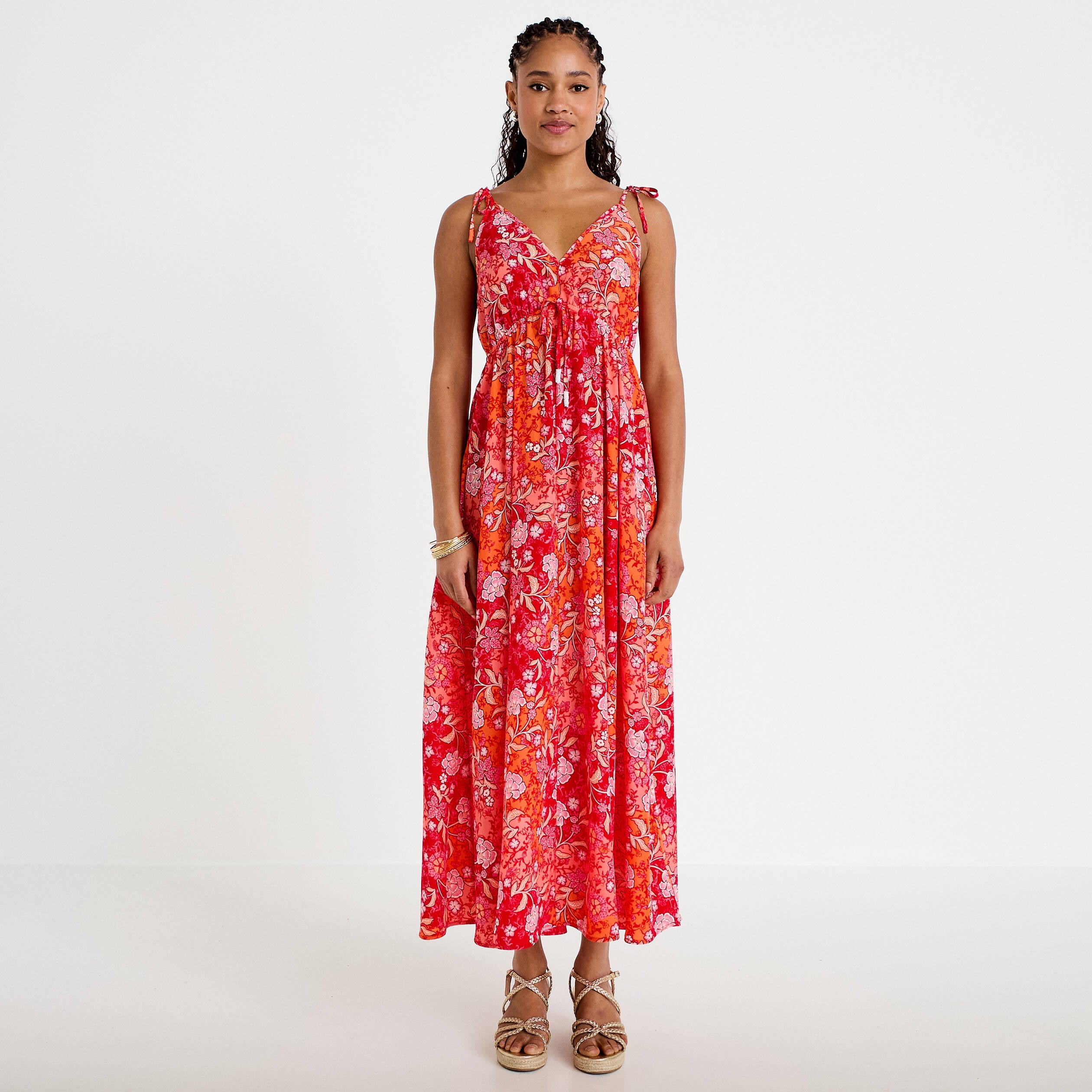 Robe longue &eacute;vas&eacute;e effet satin&eacute;e rouge femme