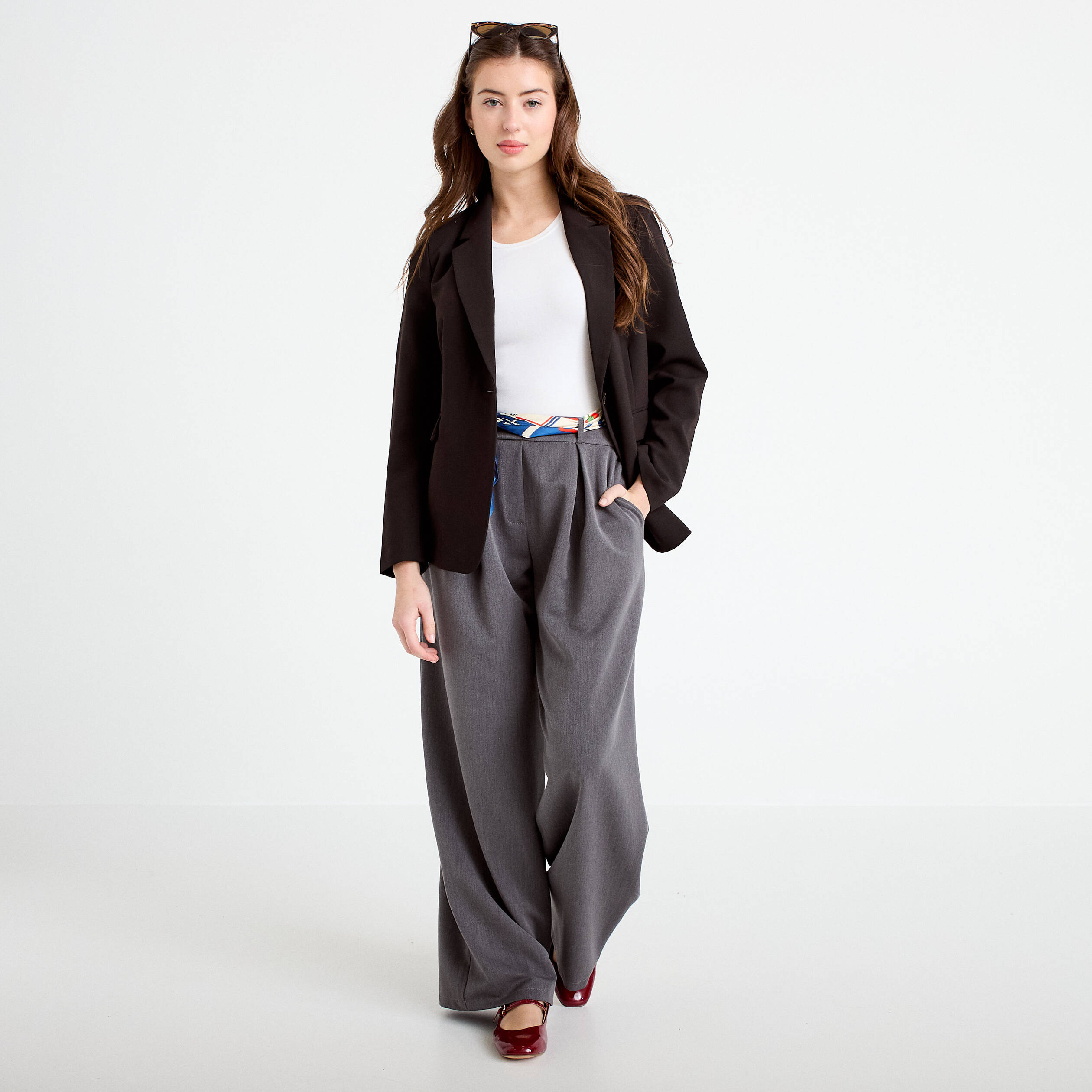 Pantalon large taille haute gris fonc&eacute; femme