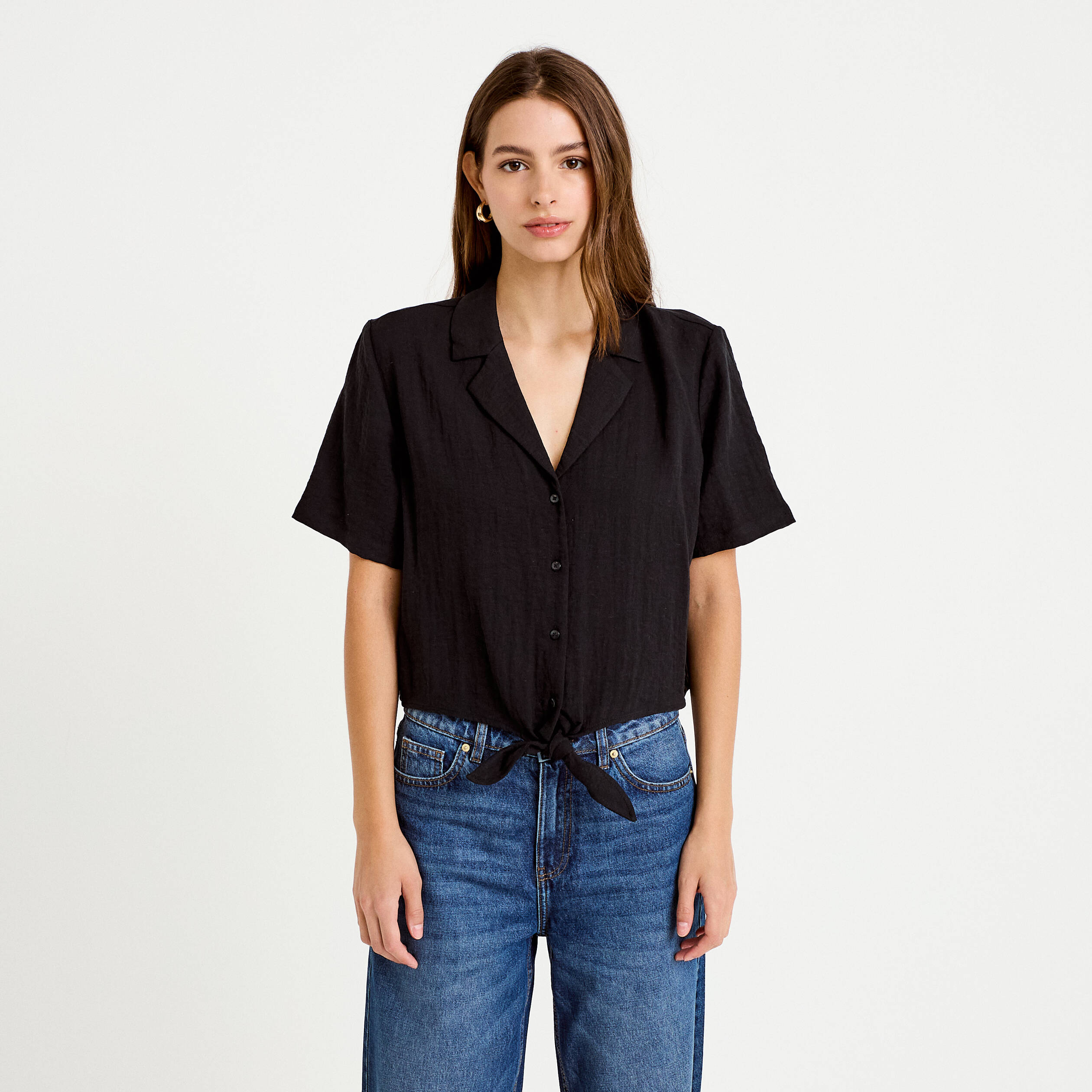 Chemise droite pliss&eacute;e manches courtes noir femme