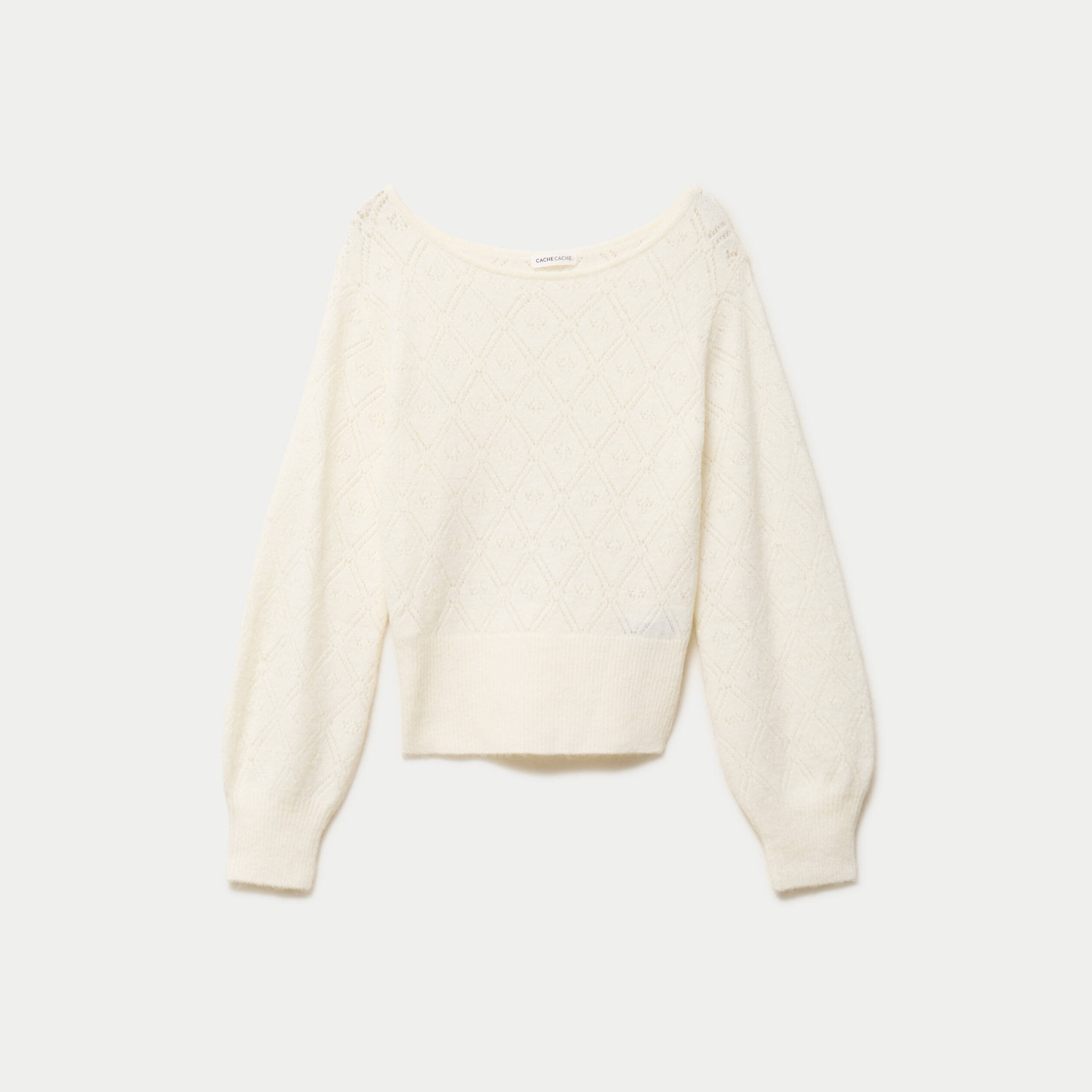 Pull ajour&eacute; col bateau manches longues ecru femme