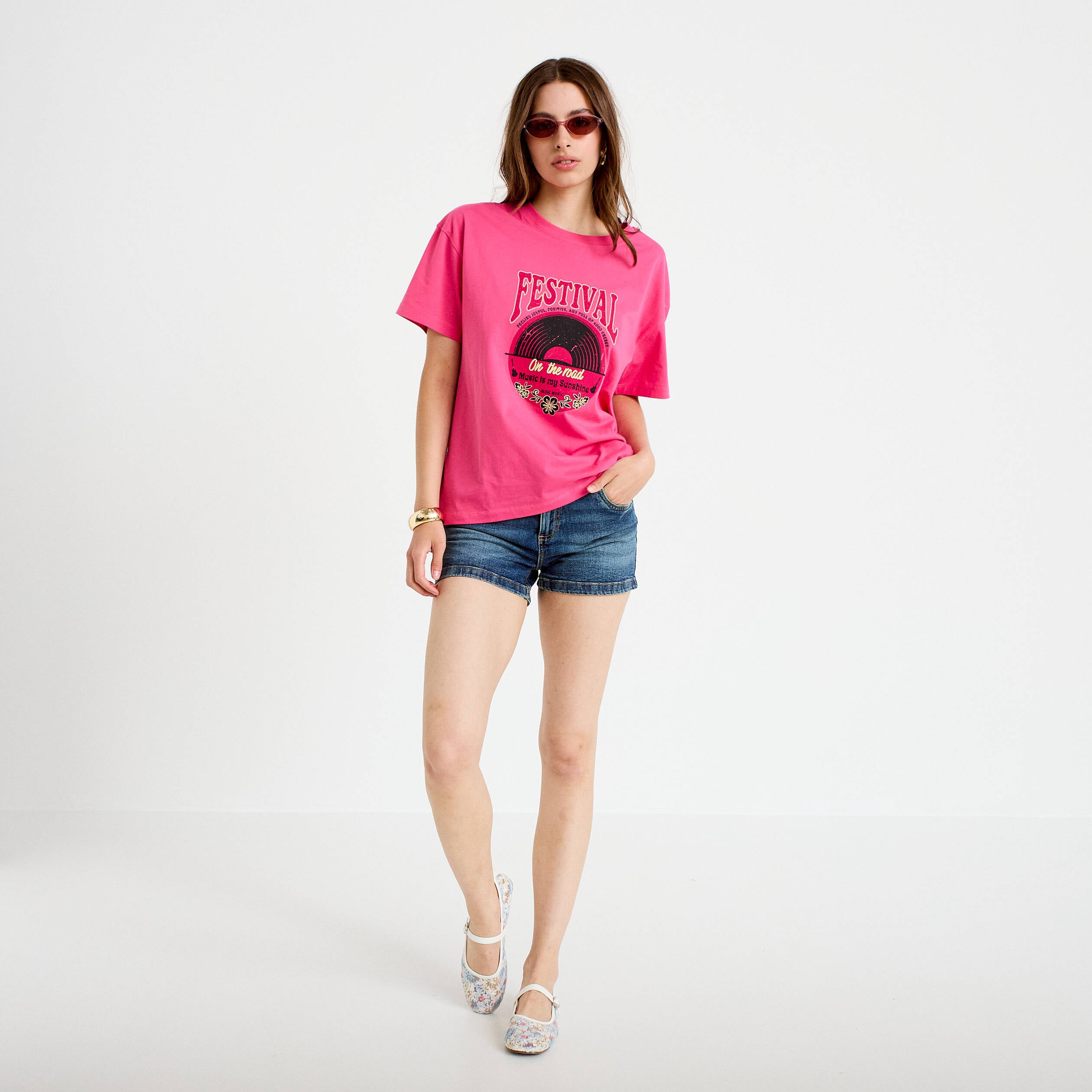 T-shirt oversize manches courtes rose fushia femme