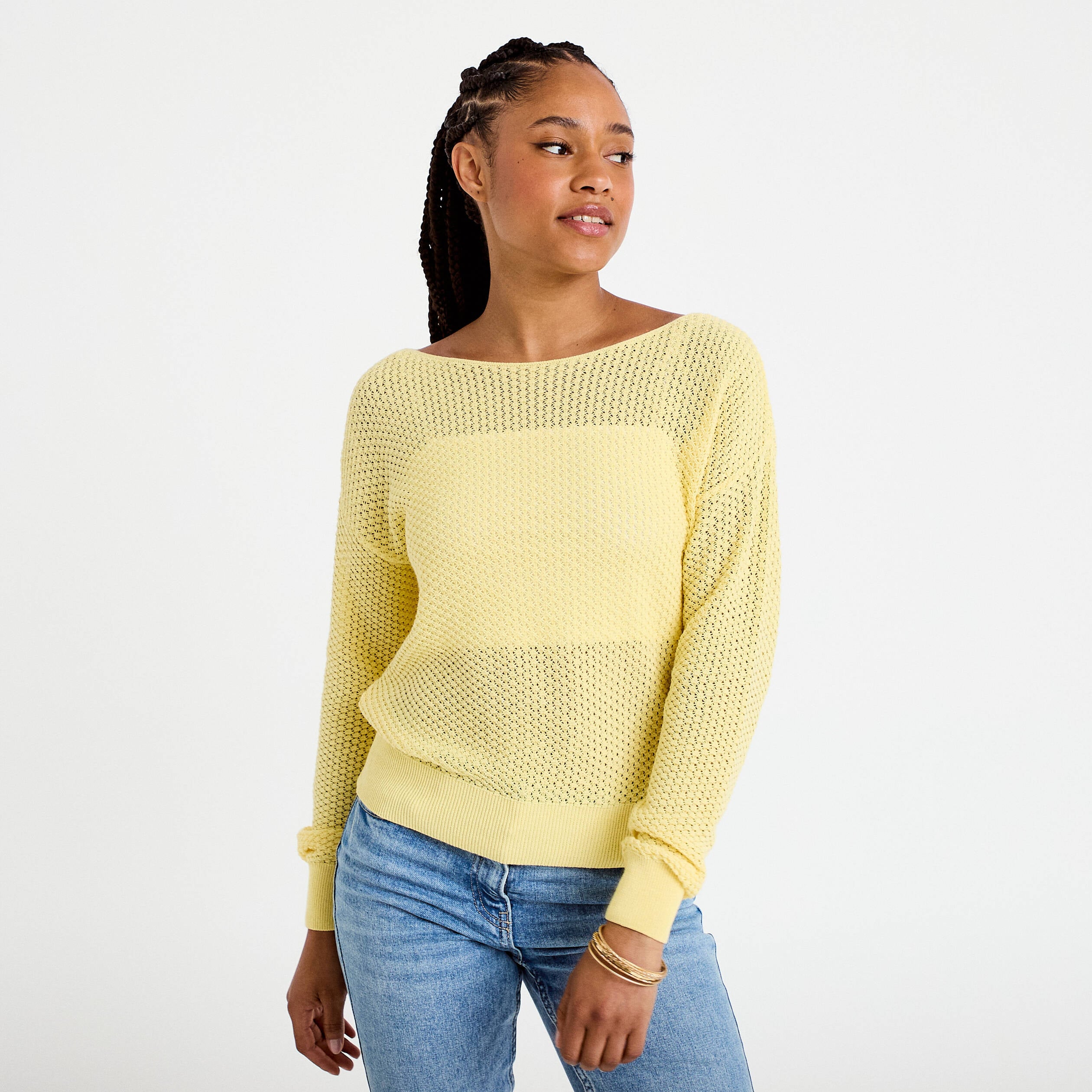 Pull ample ajour&eacute; manches longues jaune pastel femme