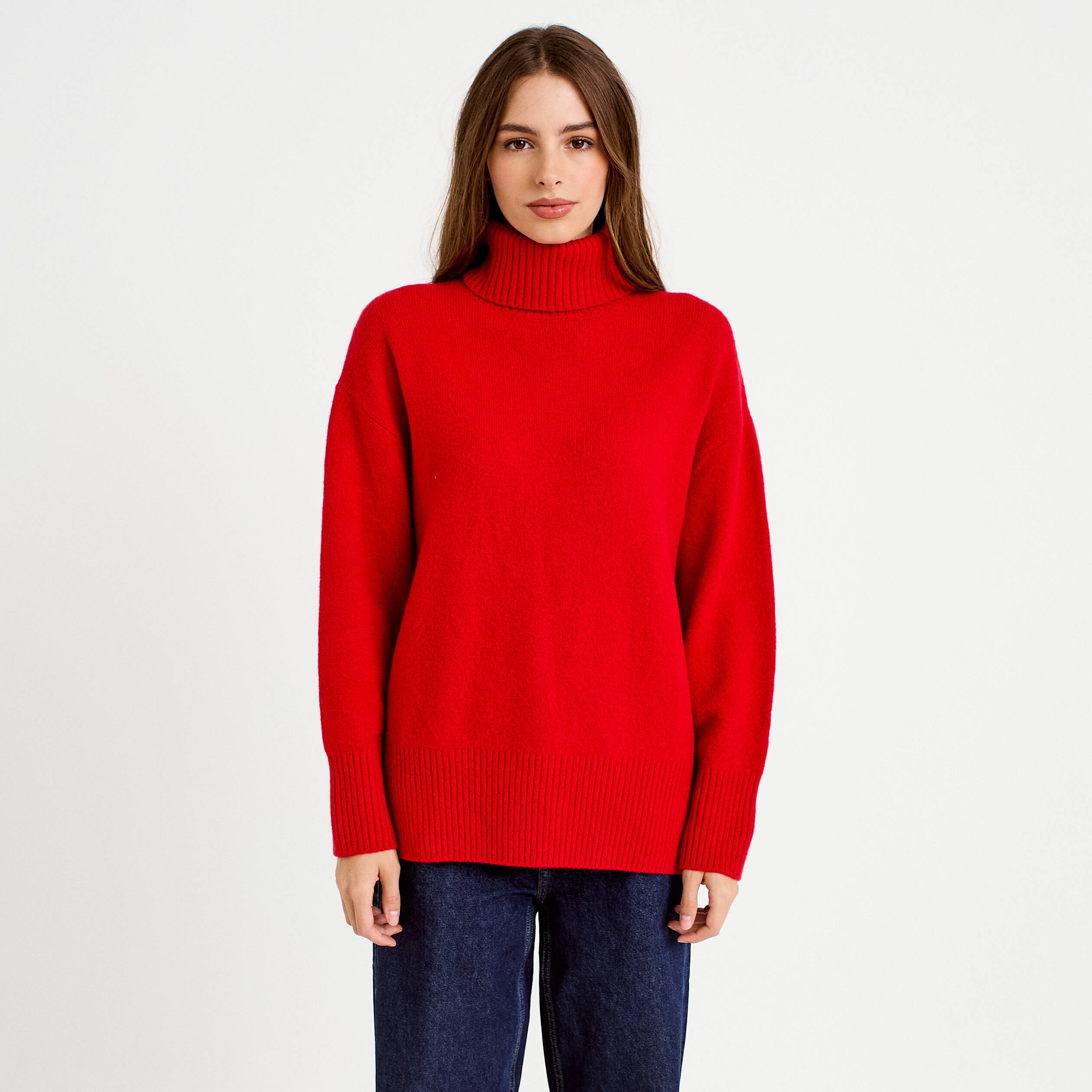Pull col roul&eacute; manches longues rouge femme