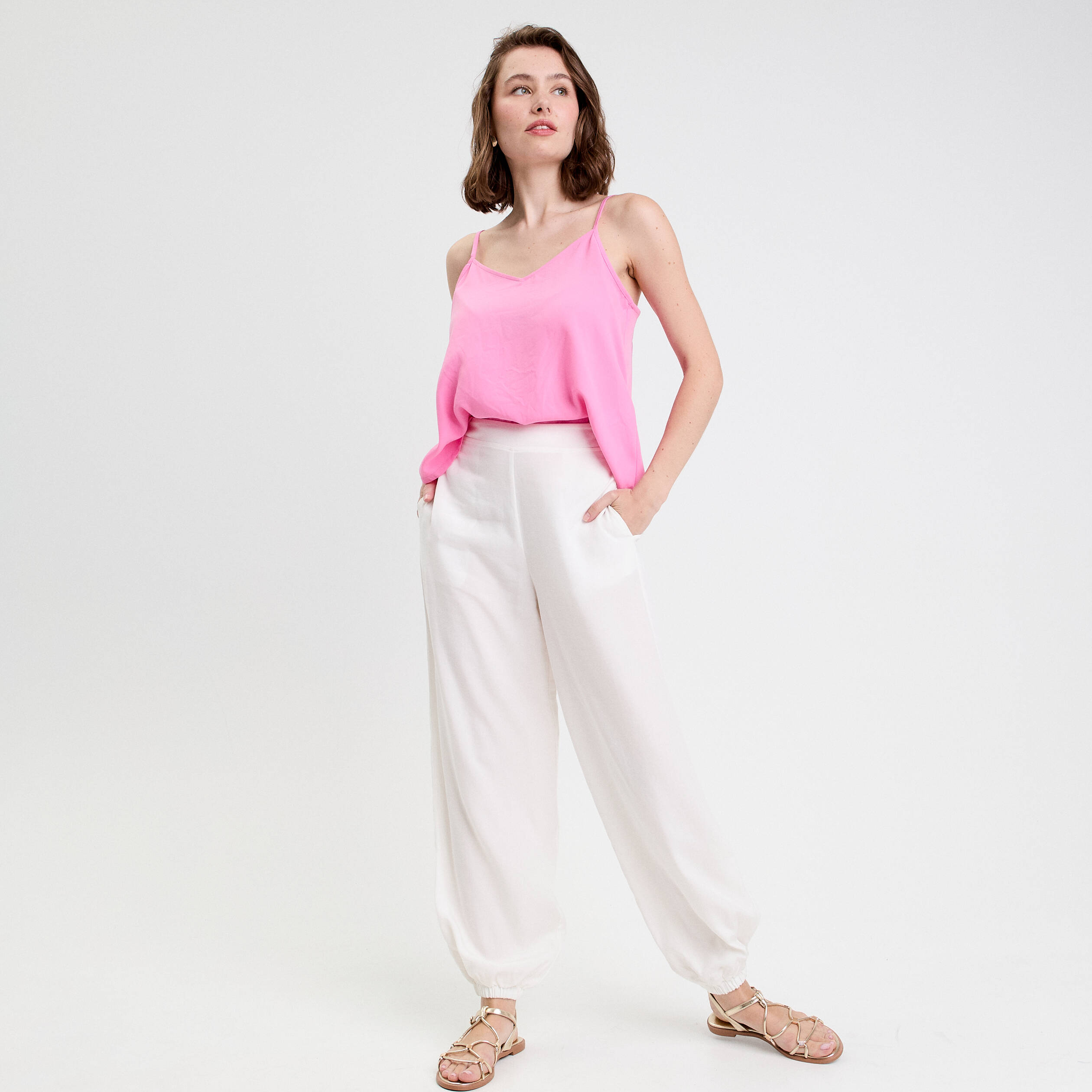 Pantalon bouffant taille standard ecru femme