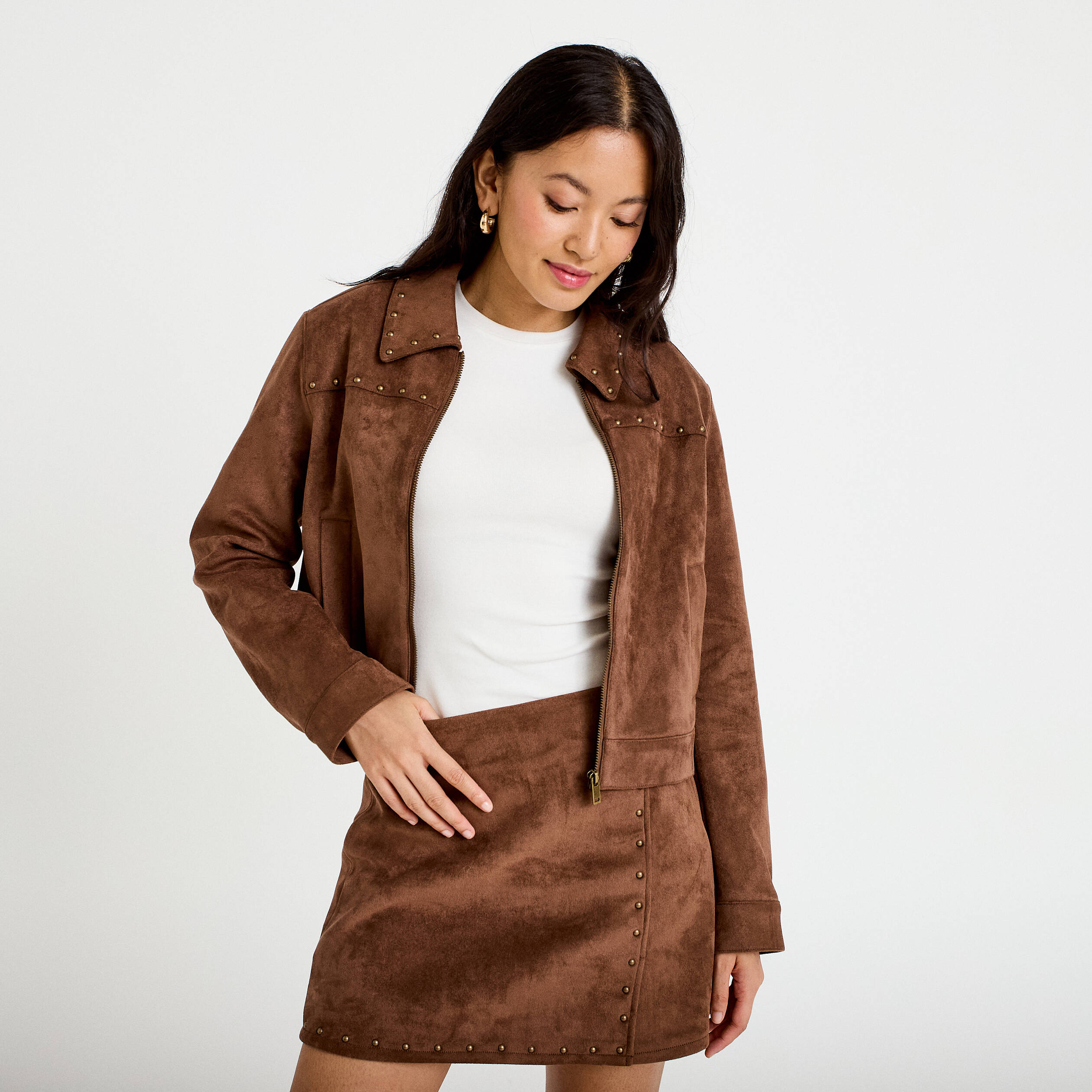Veste droite cropped col tailleur marron femme