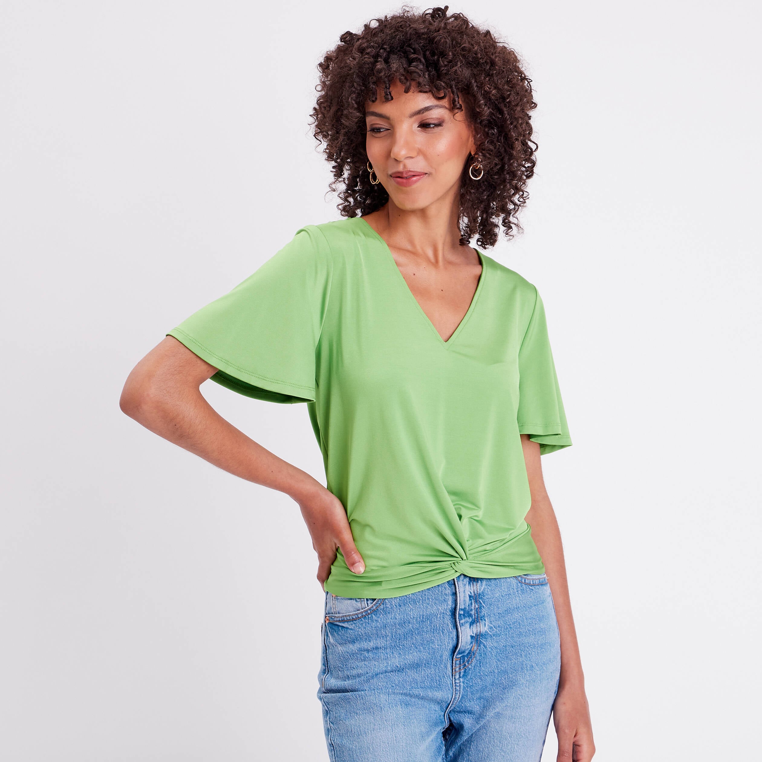Blouse satin taille nou&eacute;e vert femme