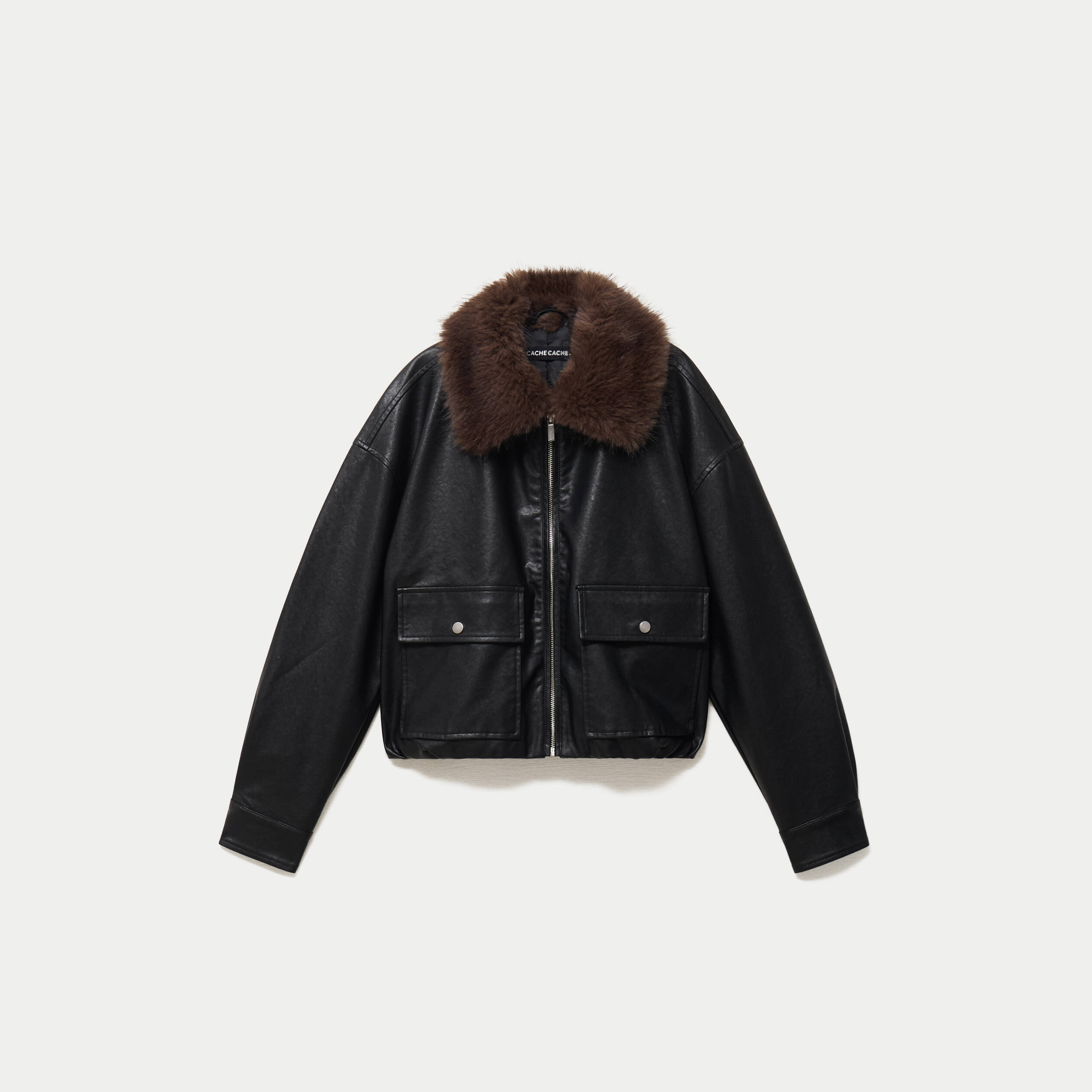 Veste droite similicuir col tailleur noir femme