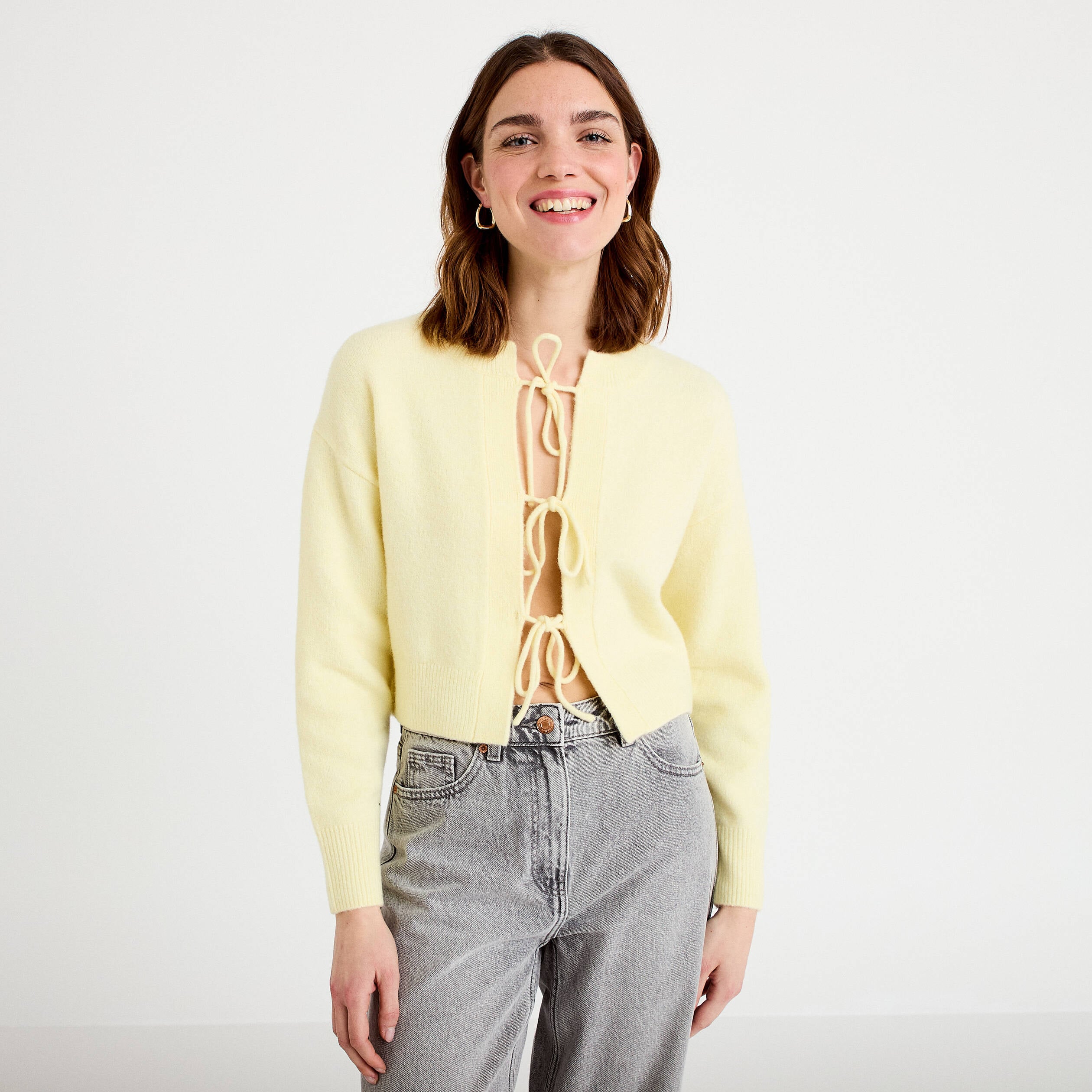 Gilet court nou&eacute; jaune clair femme