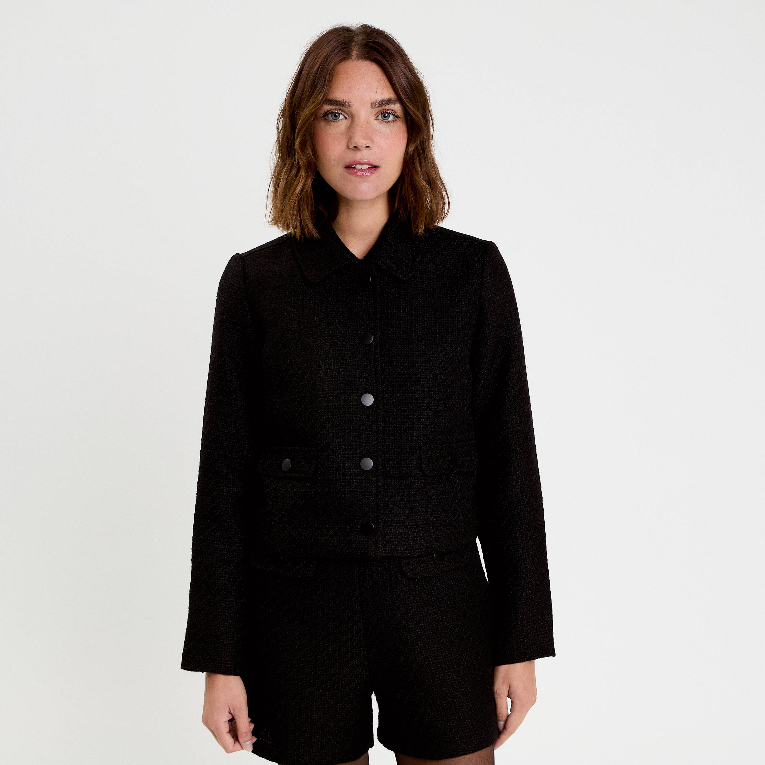 Veste droite cropped en tweed noir femme