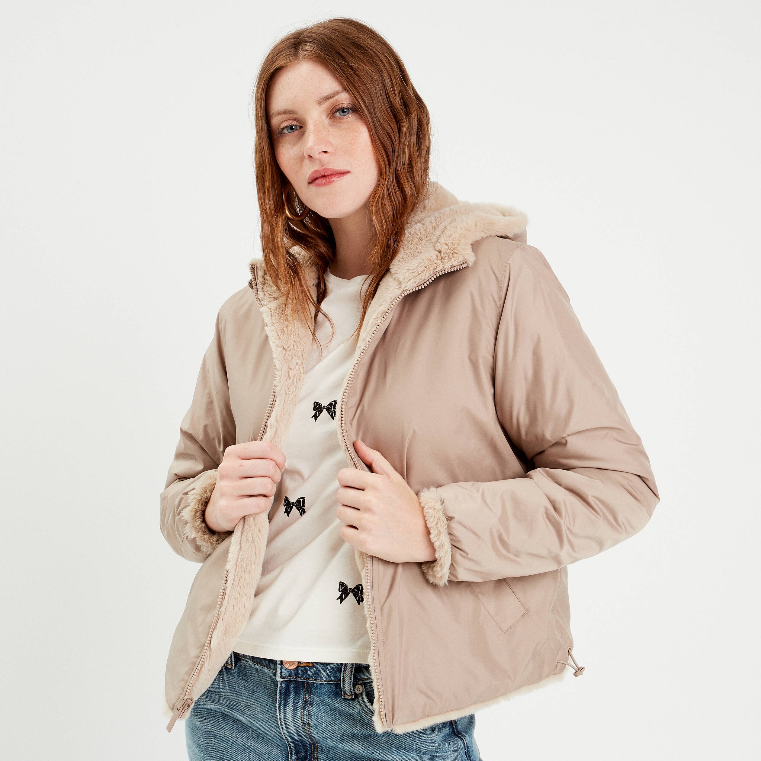 Parka réversible à capuche beige femme | Vibs