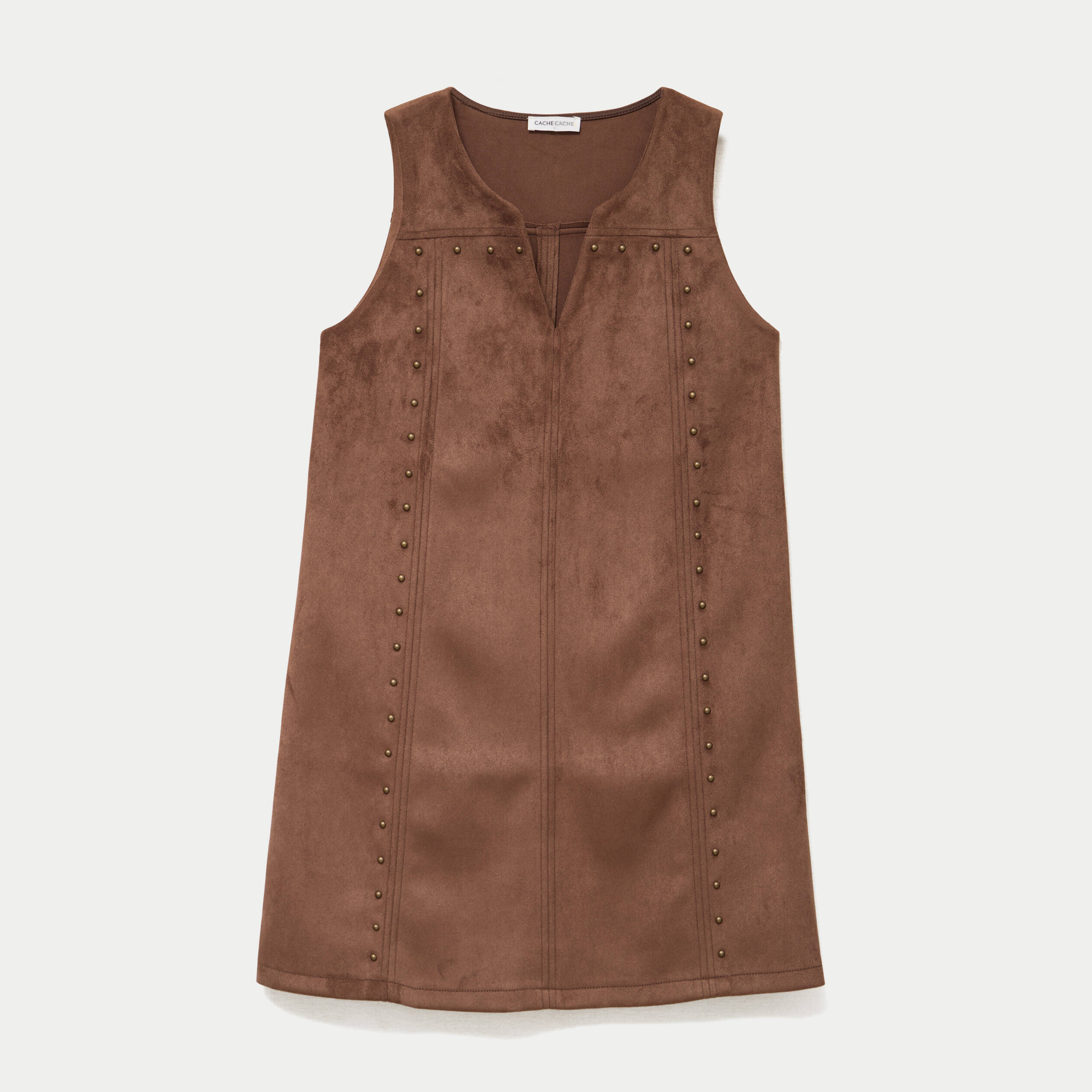 Robe droite courte sans manches col rond marron femme