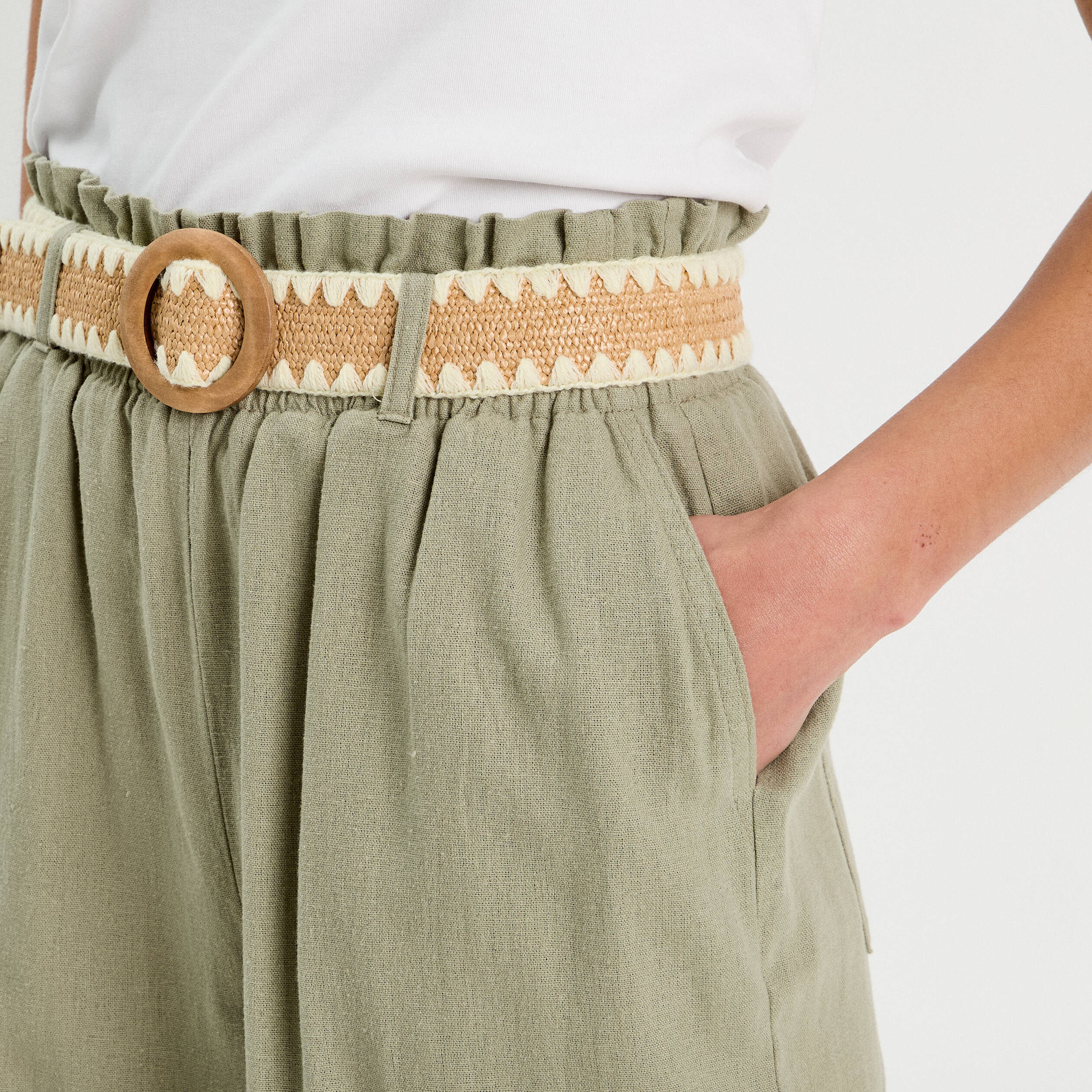 Pantalon large ceintur&eacute; contenant du lin vert kaki femme