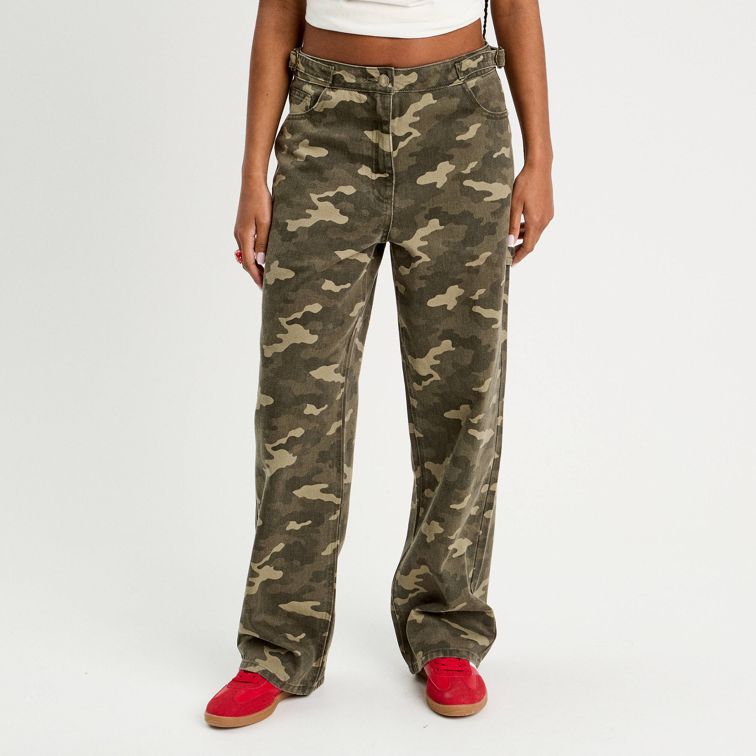 pantalon large boucles taille vert kaki femme Pantalon large boucles taille vert kaki femme