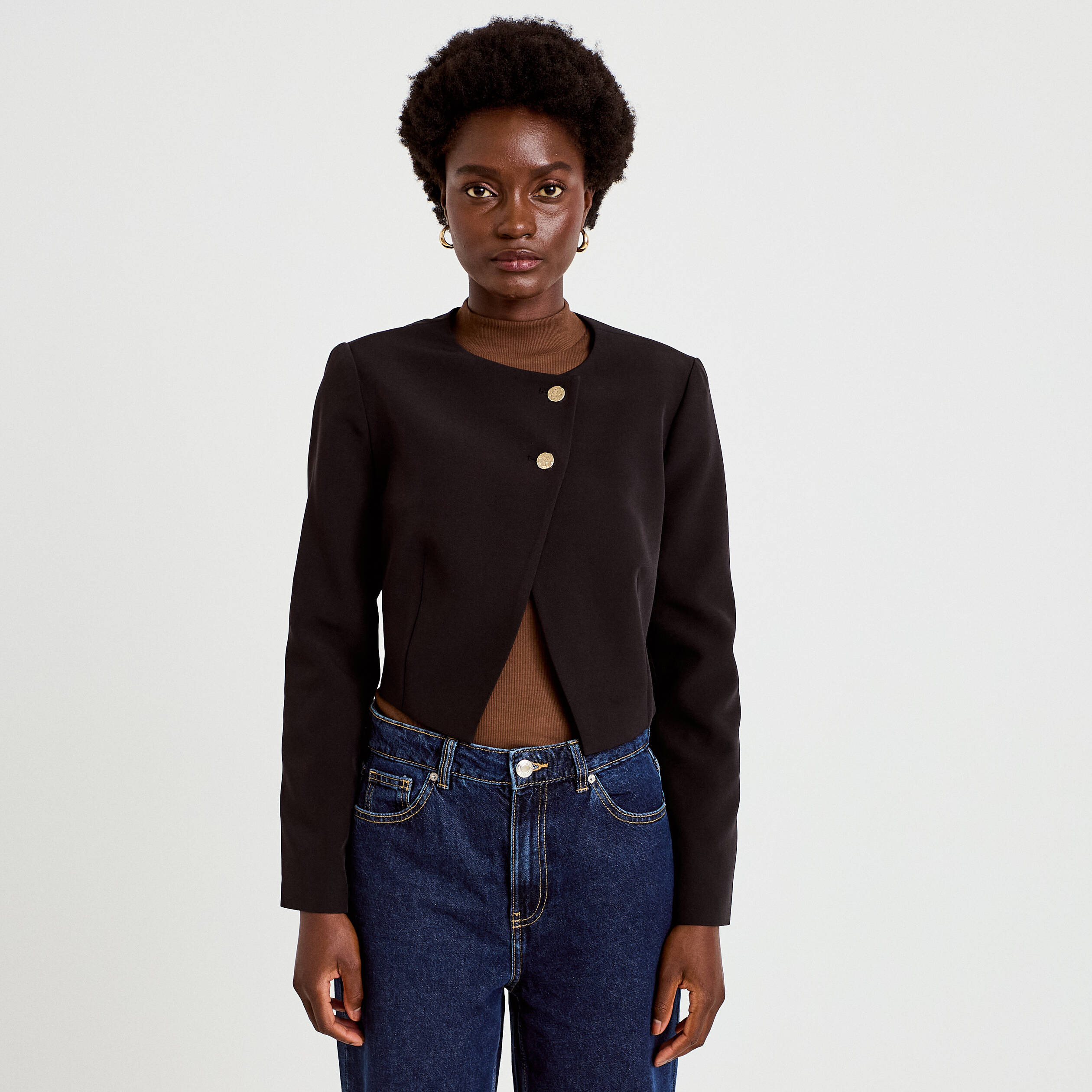Blazer droit cropped col rond noir femme
