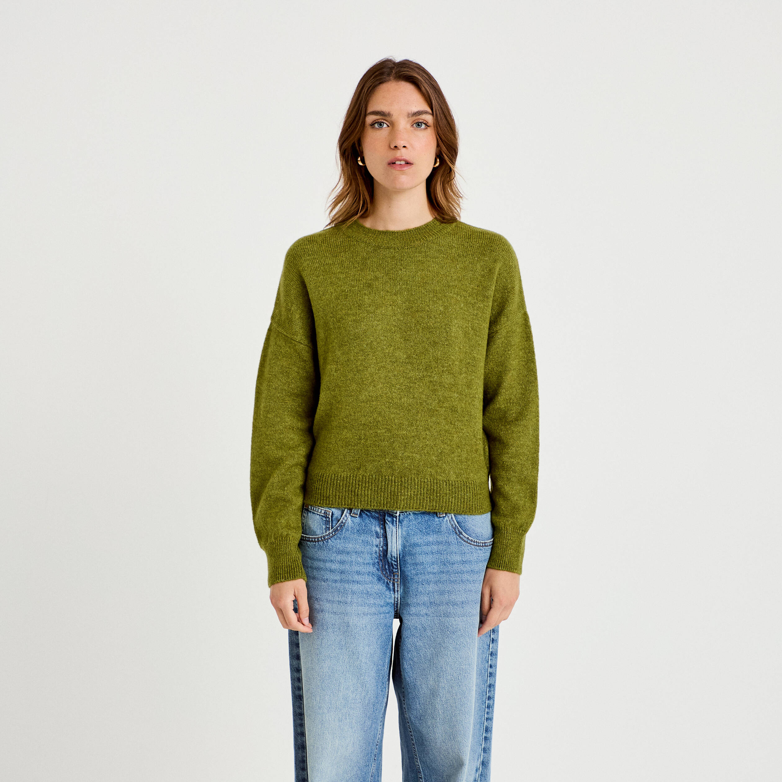 Pull col rond manches longues vert fonc&eacute; femme
