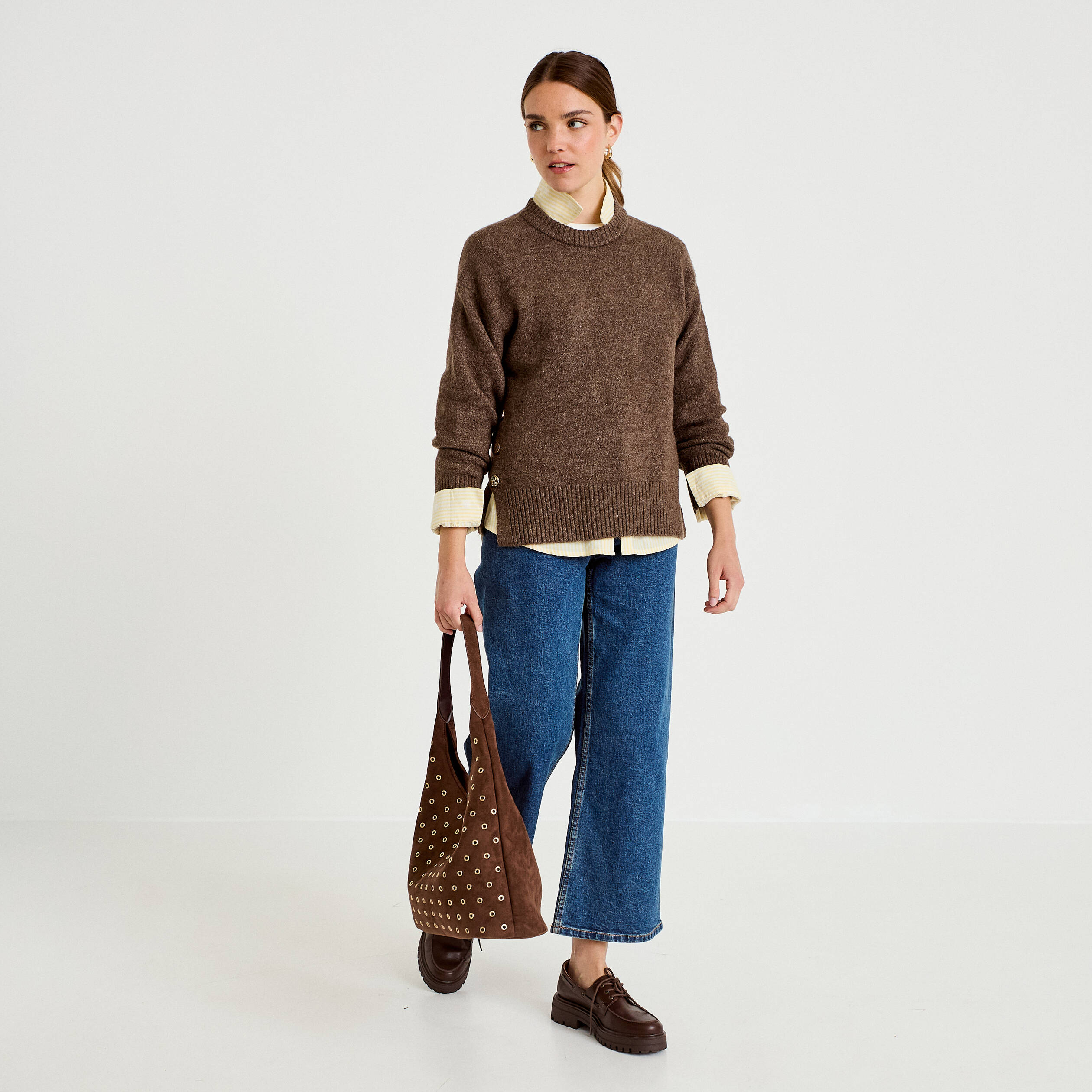 Pull manches longues marron fonc&eacute; femme