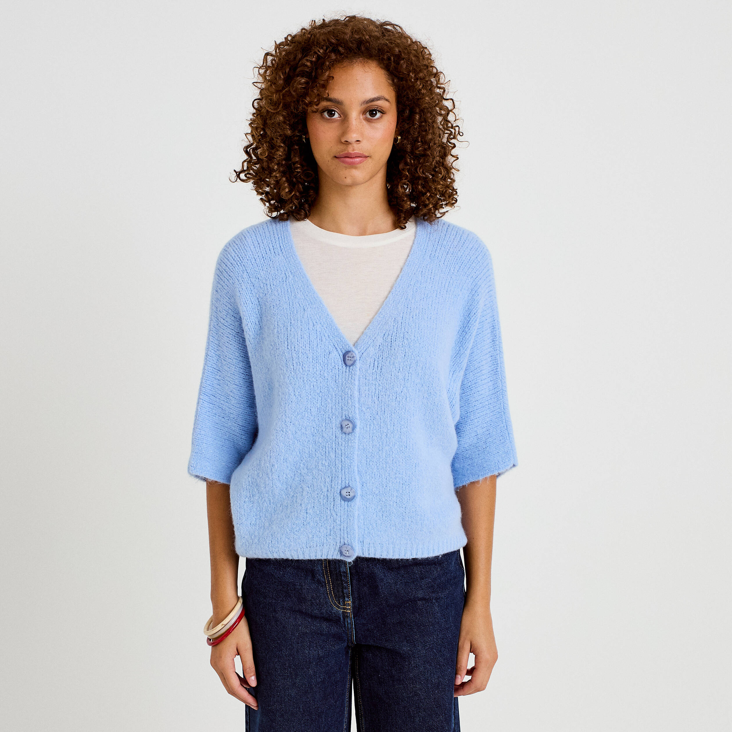 Gilet ample col v manches 3/4 bleu ciel femme