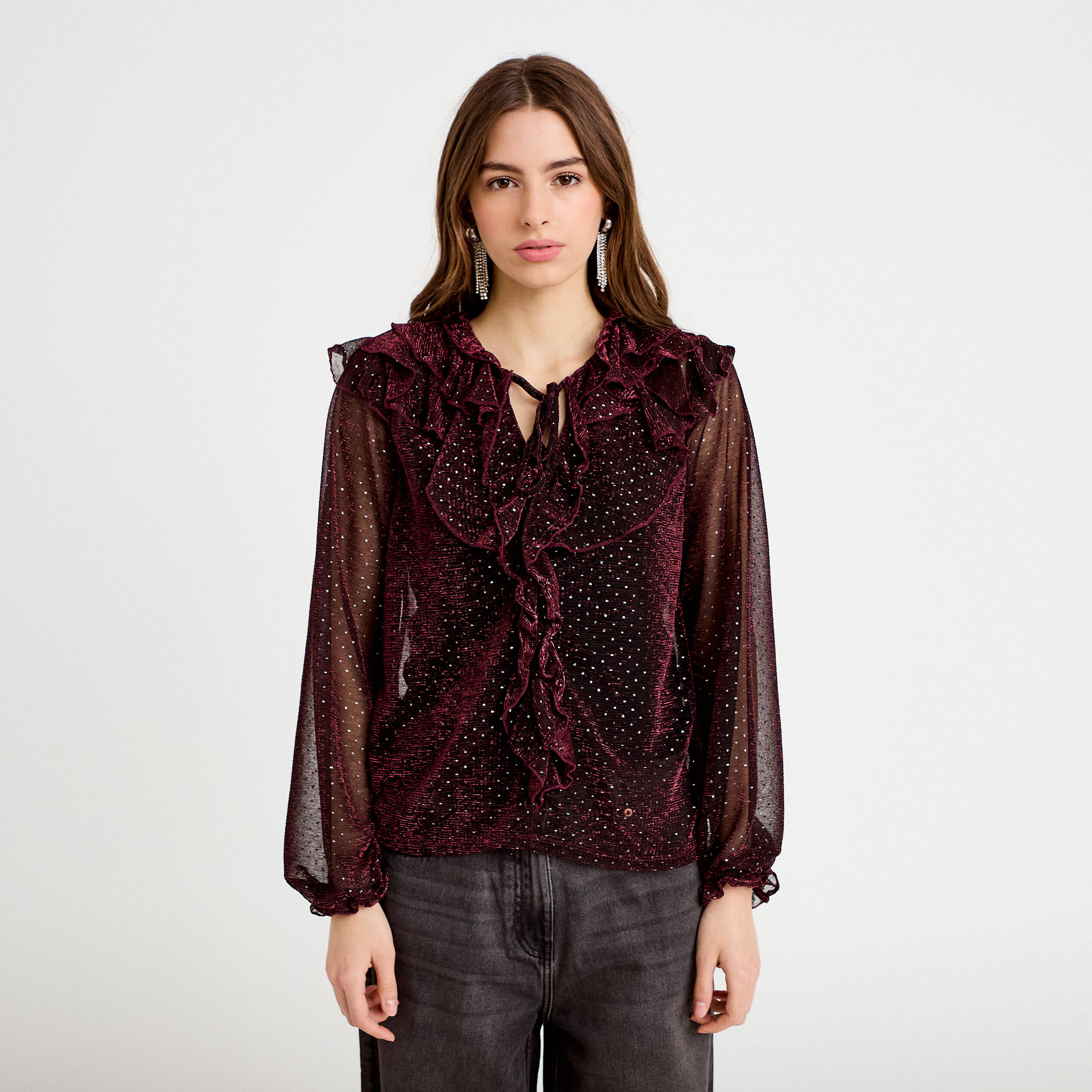 Blouse voile transparent paillet&eacute; violet fonc&eacute; femme