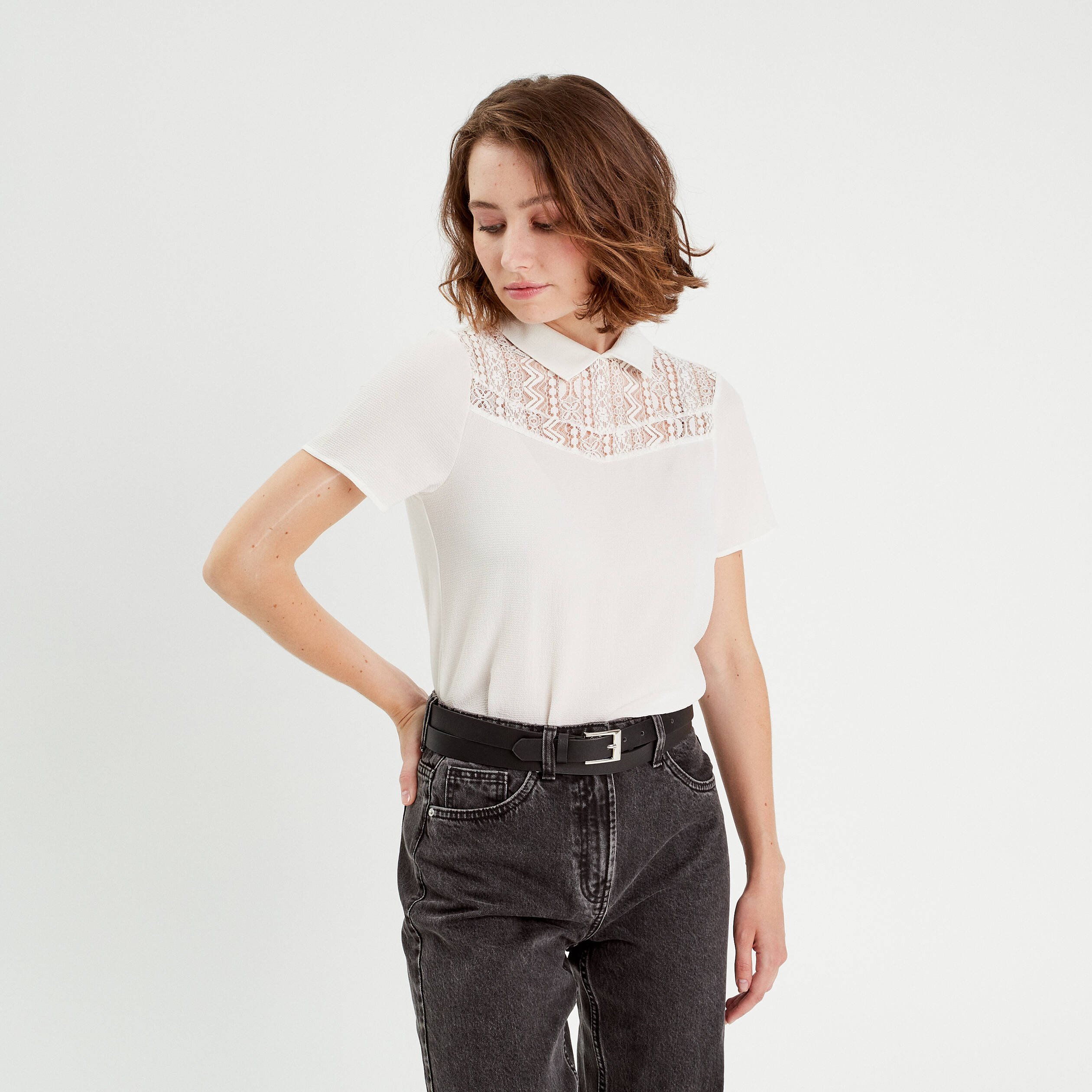 Manche Courte Tee Shirt Femme Dentelle Blanc T-shirt Manches