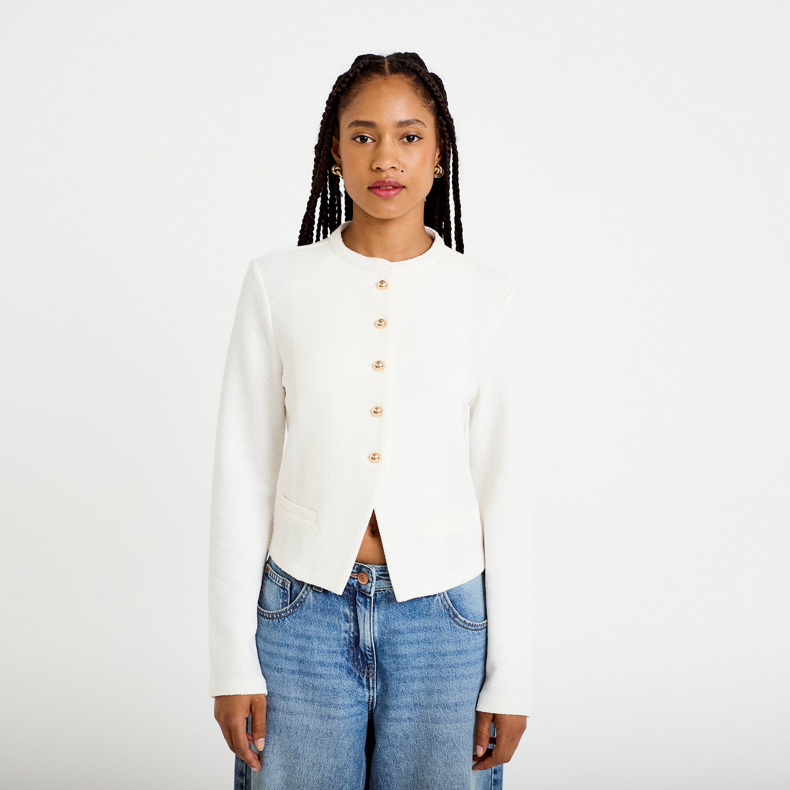 Gilet tweed droit cropped col rond ecru femme