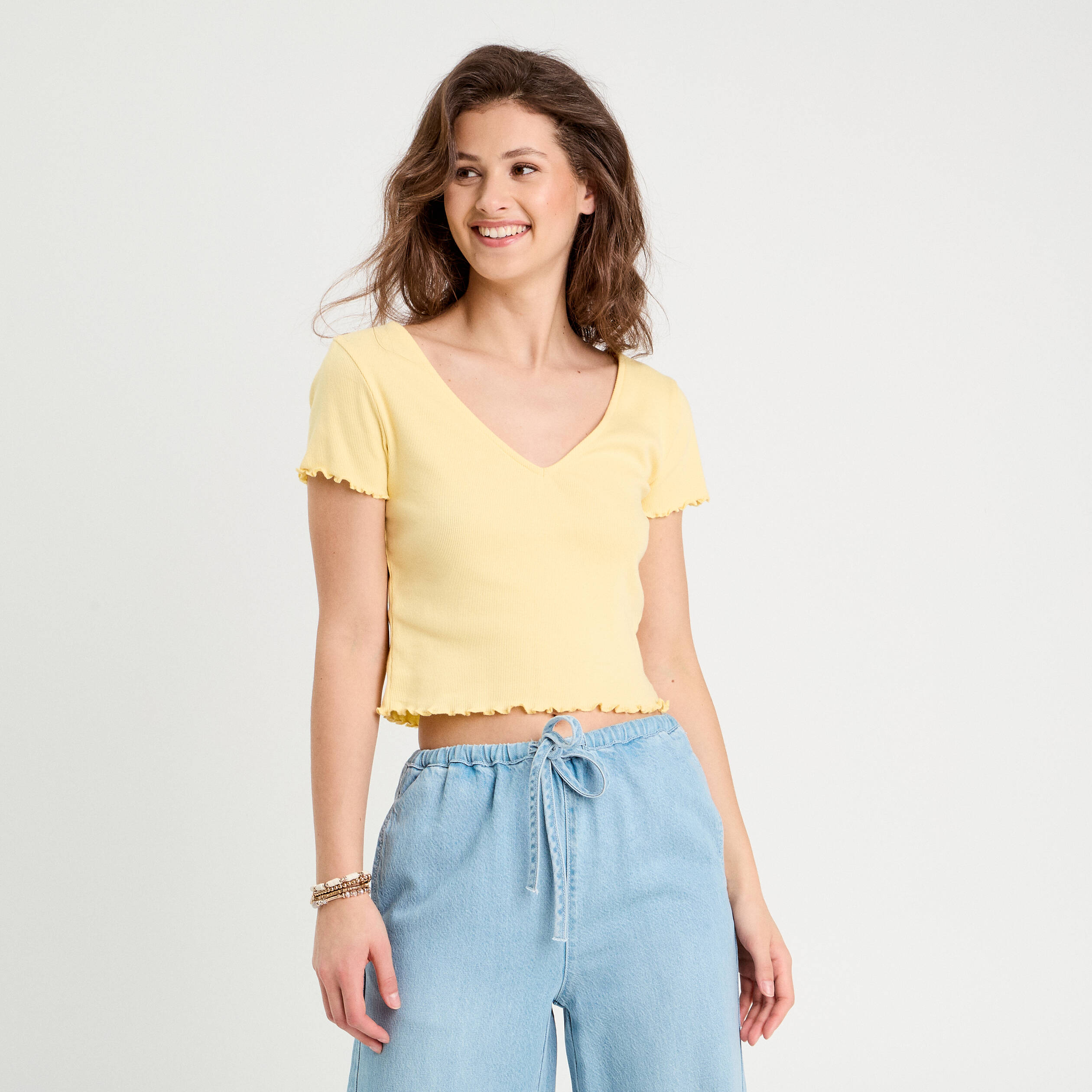 T-shirt côtelé manches courtes jaune clair femme